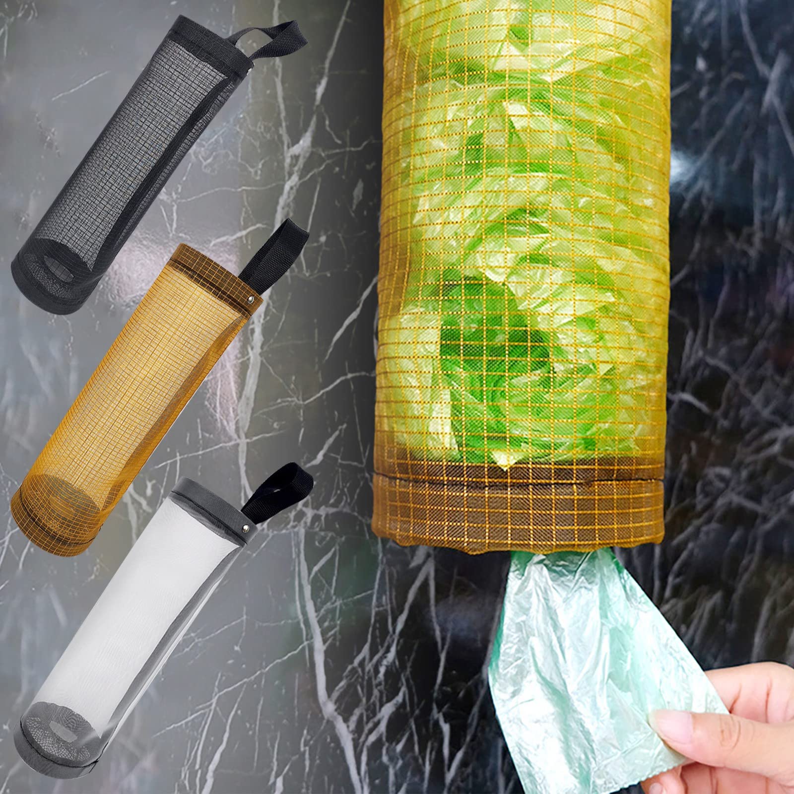 Hanging Folding Mesh Garbage Bag Organizer - Trash Bags Holder & Recycling Container for Kitchen, Bathroom, Garage - Plastic Waste Bag Storage Solution with Mesh Hanging Design for Easy Organization