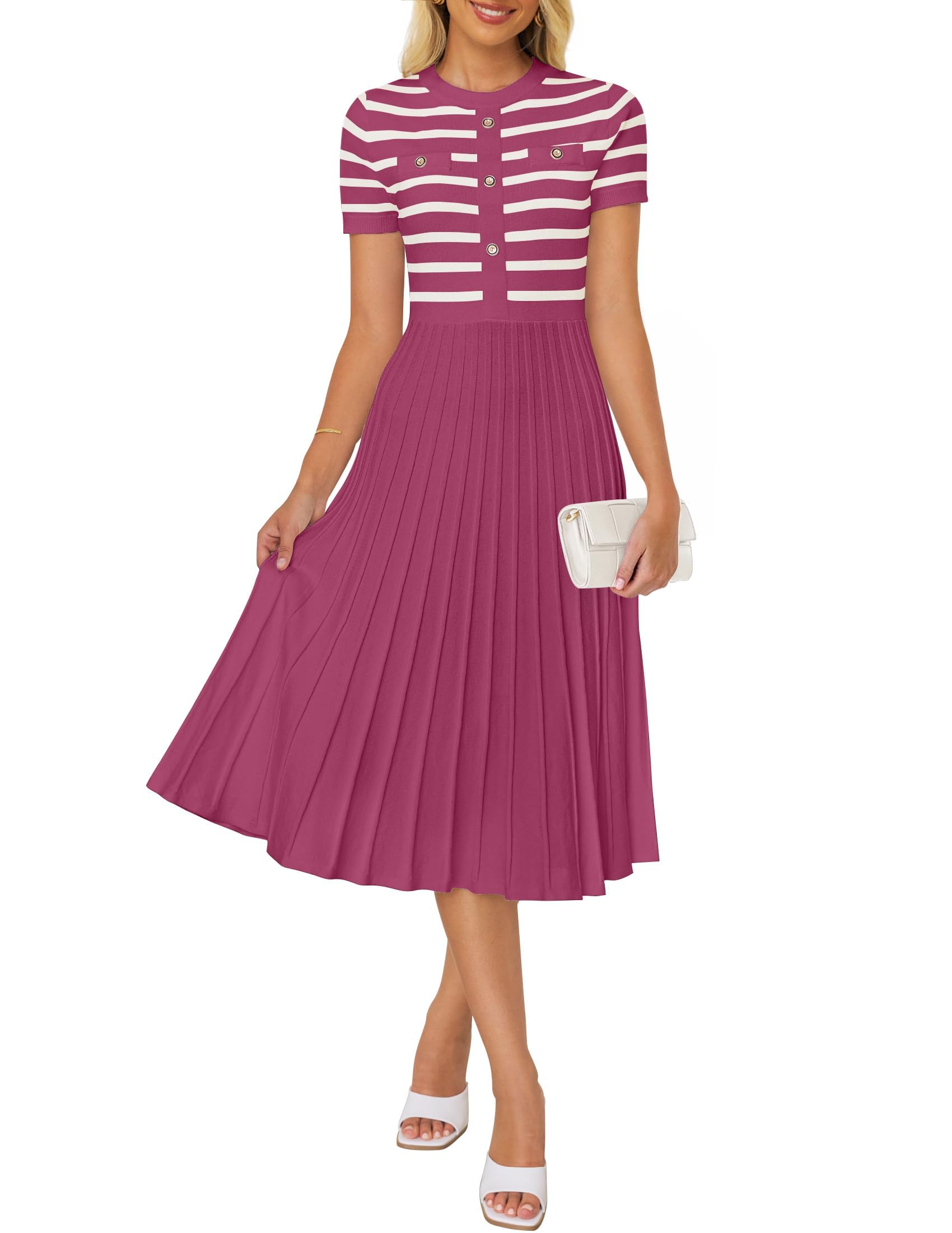 ZESICA Women's 2025 Casual Striped Midi Dress - Crewneck Short Sleeve Button Down Ribbed Knit Swing Pleated A-Line Dress for Spring Summer Office Work Party Vacation