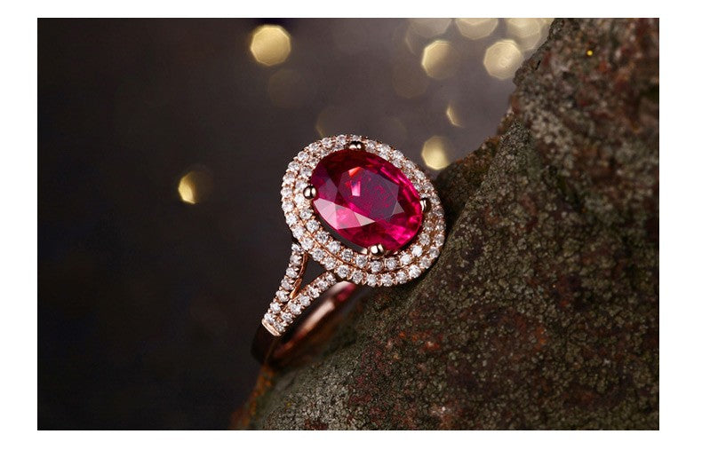 2 Carat Natural Ruby & Moissanite Diamond Halo Engagement Ring in 14K Rose Gold for Women | Wedding Proposal, Anniversary Gift, Valentine's Day Present