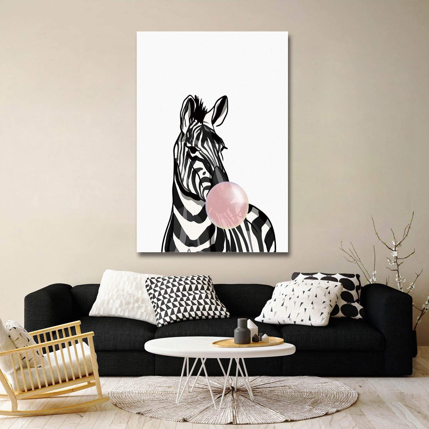 12x8in Zebra Oil Painting Canvas Wall Art - Cute Pink Animal Poster for Boys Nursery, Bedroom & Living Room Decor | No Frame, Perfect for Kids' Rooms & Modern Home Aesthetic