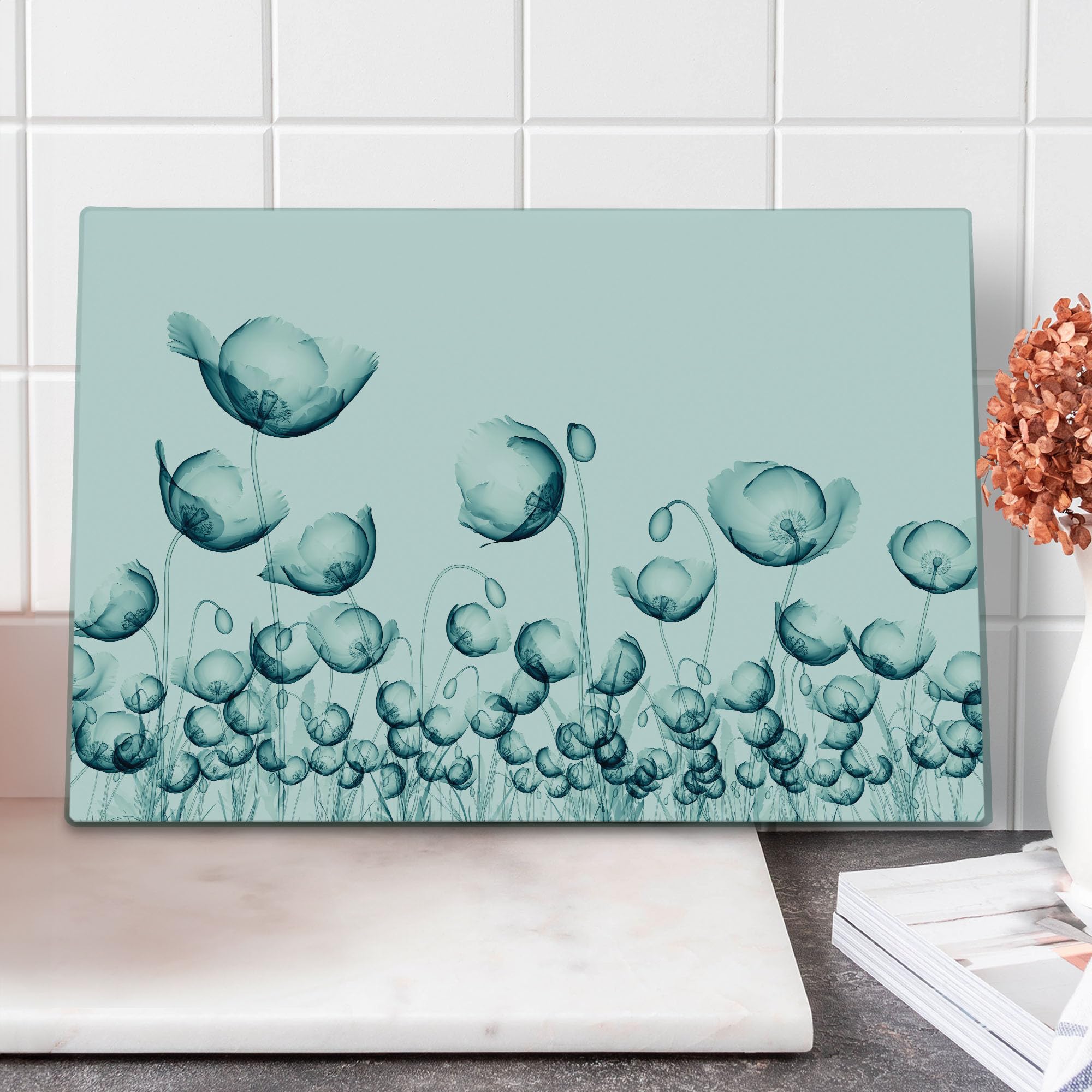 Ambesonne Decorative Tempered Glass Cutting Board - X-ray Art of Poppy Flowers in Wind, Large Teal & White Serving Board for Kitchen, Charcuterie & Party Platters