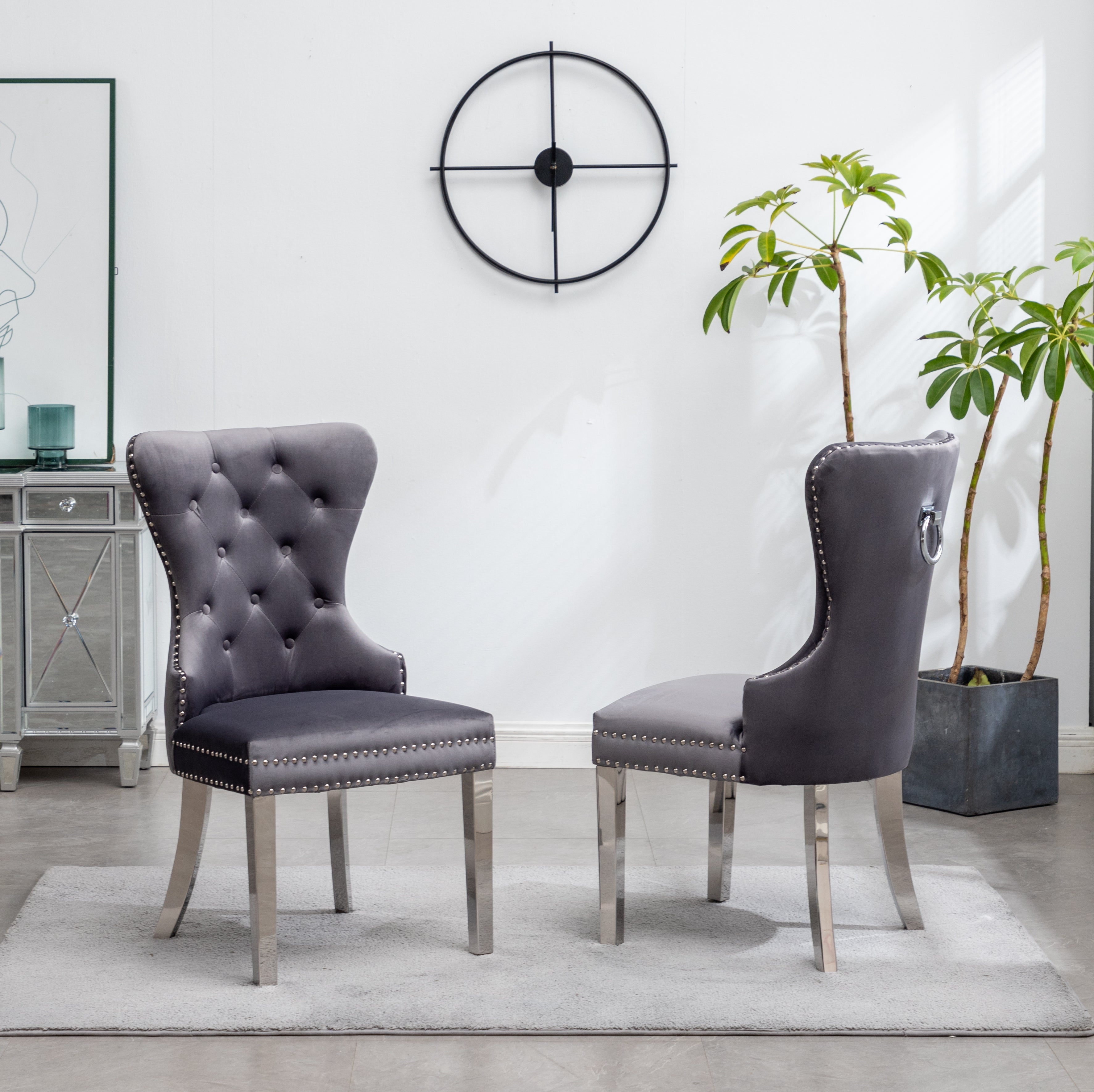 Roundhill Furniture Montura Contemporary Tufted Velvet Accent Chairs with Nailhead Trim - Set of 2 Gray Upholstered Living Room Chairs for Modern Home, Office or Lounge Decor