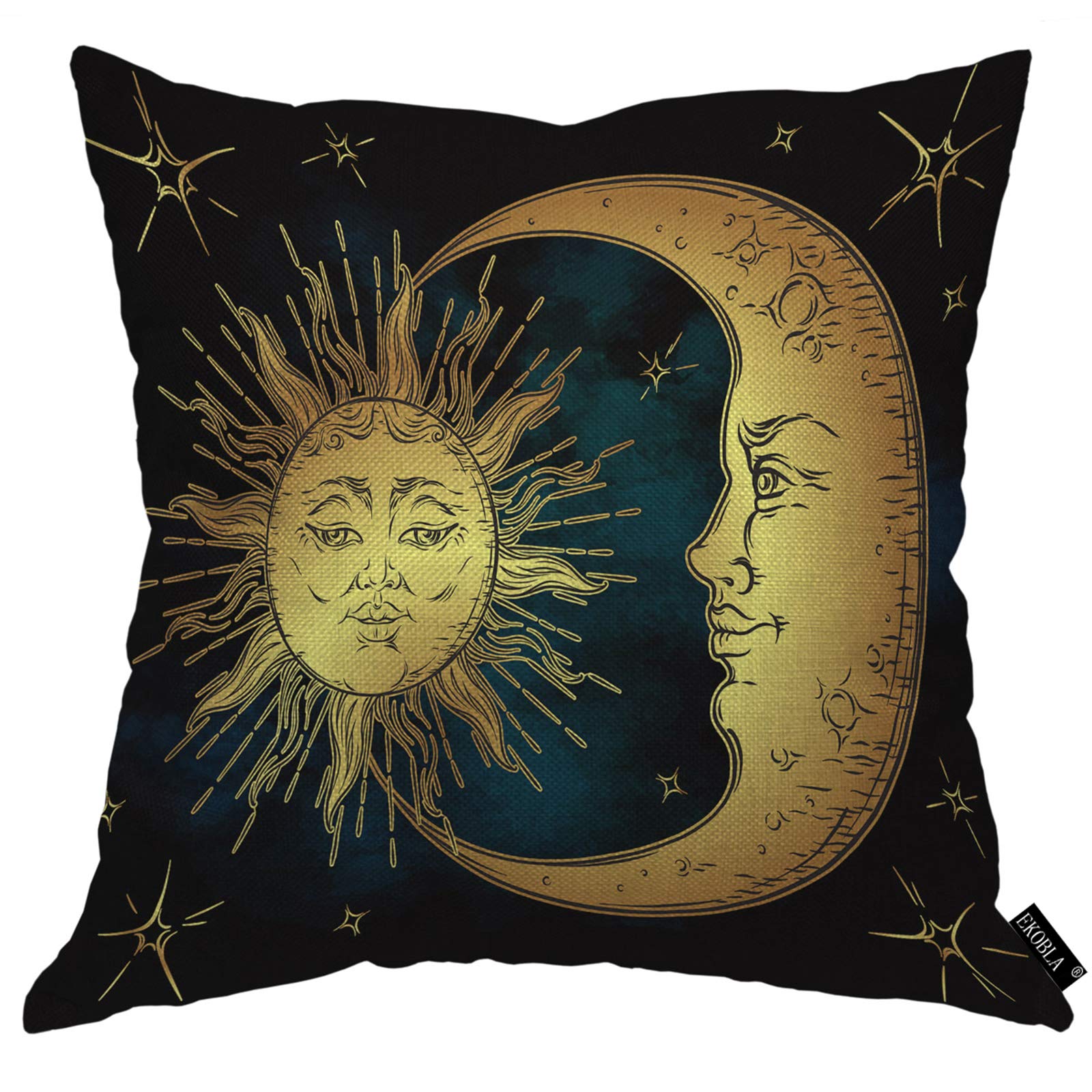 EKOBLA Sun and Moon Throw Pillow Cover - Crescent Moon & Stars Design on Blue Black Sky - Boho Chic Tattoo Style Square Cushion Case - 18x18 Inch Cotton Linen Home Decor for Living Room, Bedroom, Nursery - Perfect for Men, Women, Boys & Girls