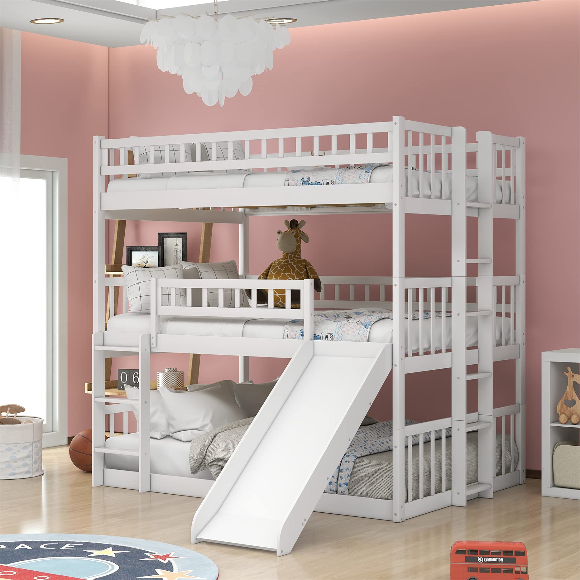 Harper & Bright Designs White Triple Bunk Beds with Slide - Full Over Full Over Full Wooden Bunk Bed Frame with Built-in Ladder - Space Saving Kids, Teens & Adults Bedroom Furniture for Small Rooms, Vacation Homes & Shared Bedrooms