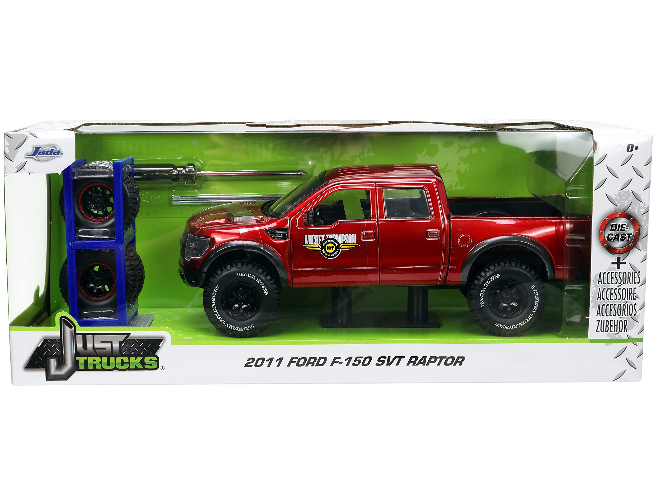 Jada Toys 1:24 Scale 2011 Ford SVT Raptor Die-Cast Model Car - Red with Tire Rack | Collectible Toy for Kids & Adults | Perfect for Display, Gifts, and Play Scenes
