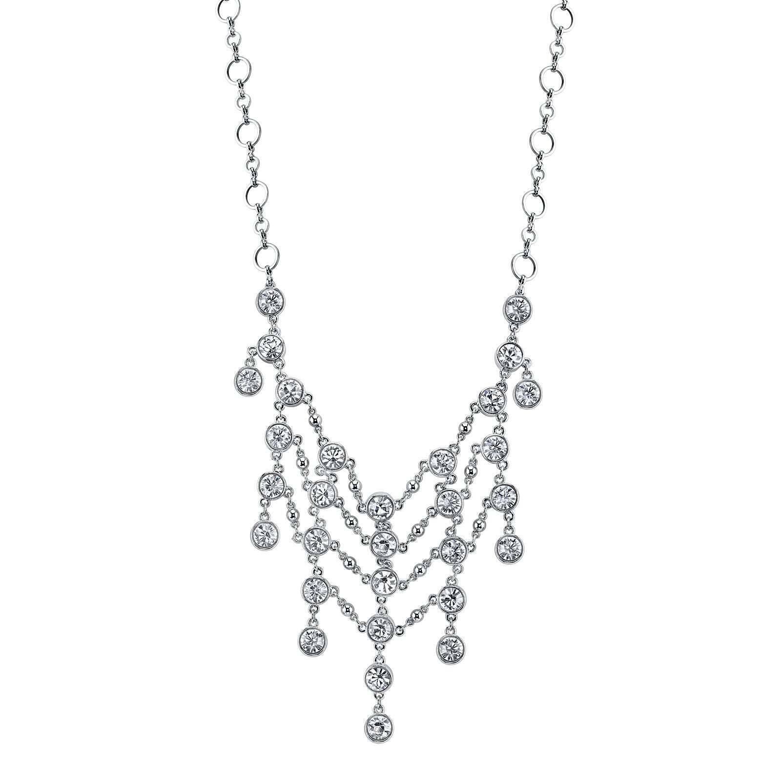 1928 Bridal Crystal Statement Bib Necklace - 15 Inch with 3 Inch Extender - Elegant Wedding Jewelry for Brides, Prom, and Formal Events