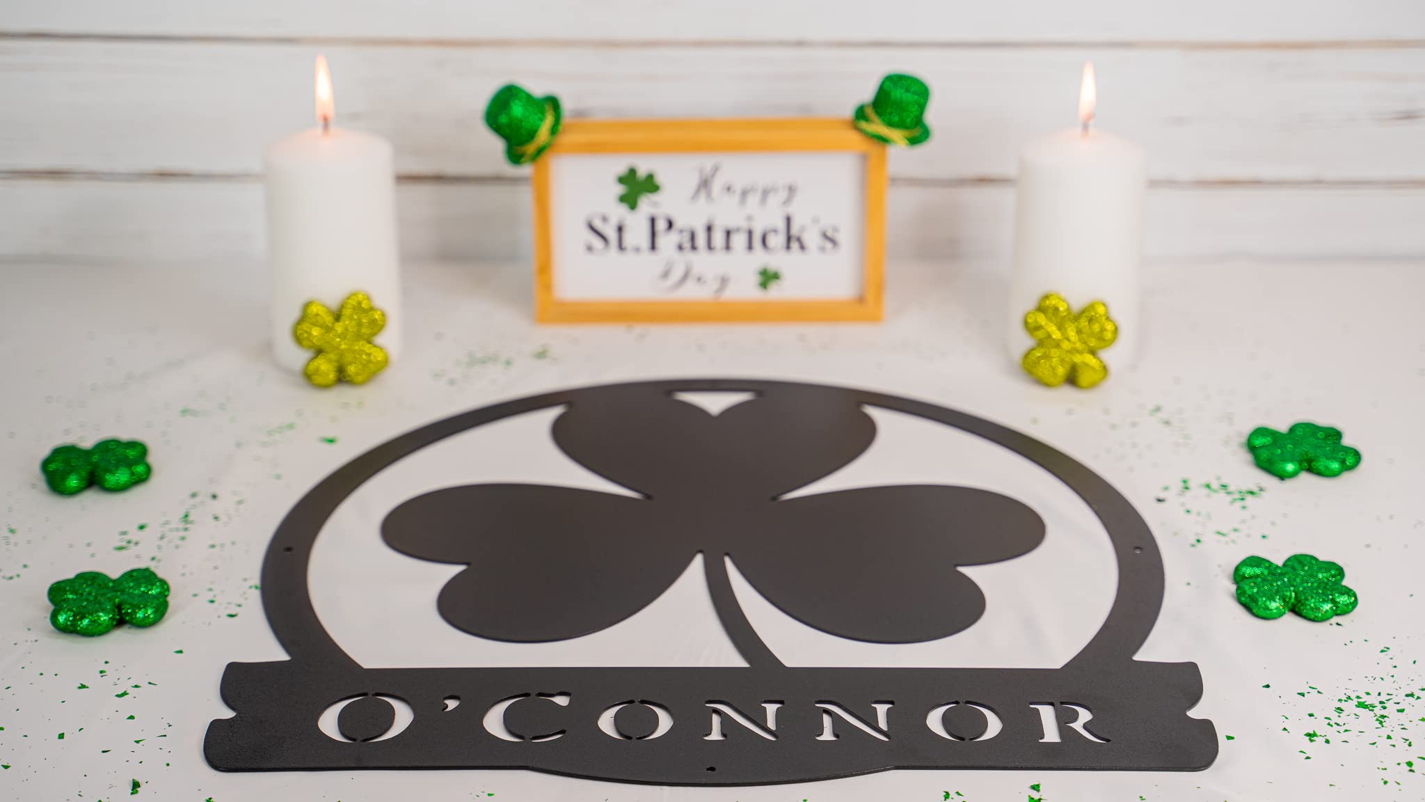 RealSteel Shamrock Monogram - Custom Irish Clover Wall Decor for St Patrick's Day - Personalized Home Decoration for Living Room, Bedroom, Kitchen & Entryway - 36 Inch Black Metal Sign - Perfect for Irish-Themed Parties & Holiday Home Decor