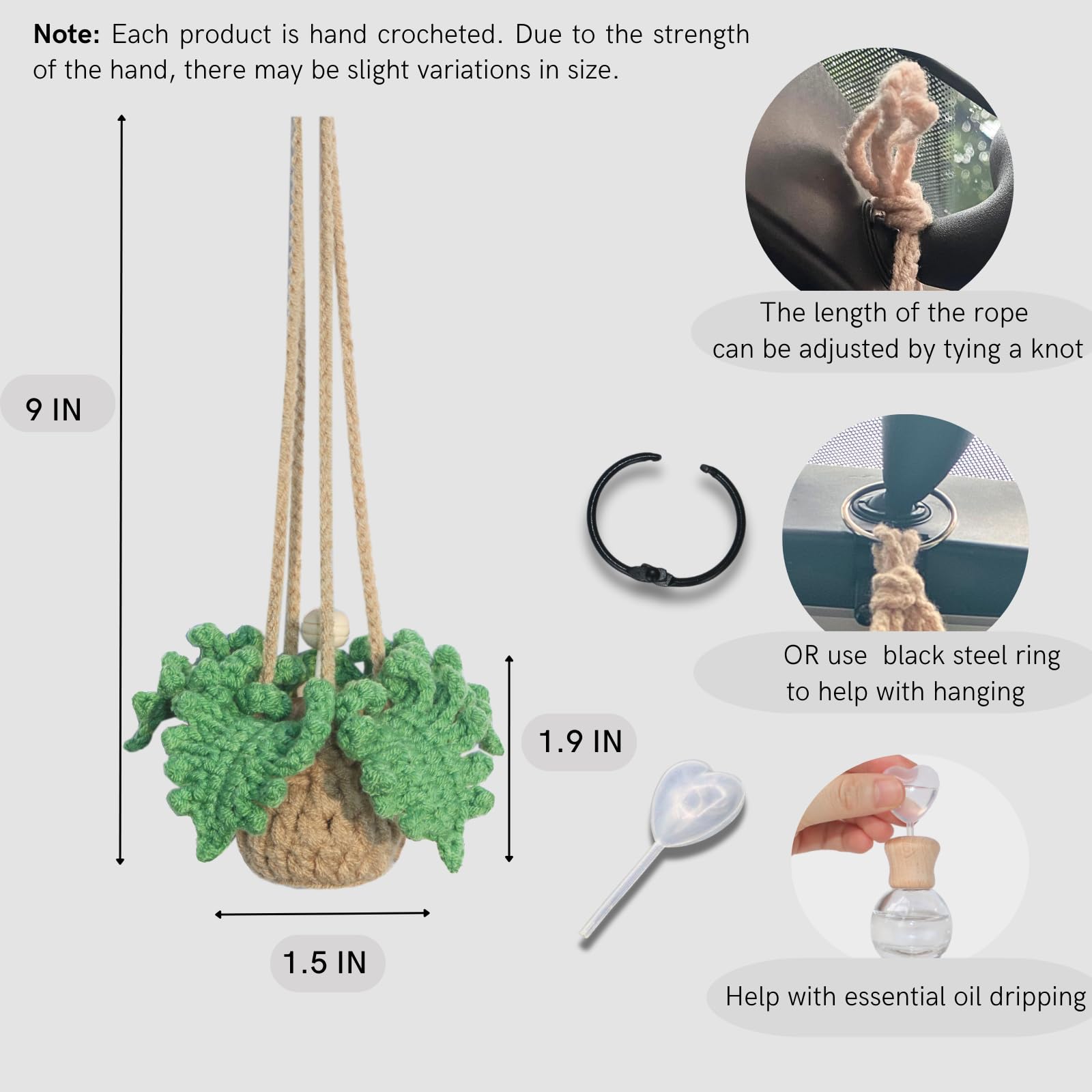 Handmade Crochet Car Air Freshener - Bendable Fern Plant with 8ml Refillable Essential Oil Diffuser | Car Rearview Mirror Hanging Decor, Home & Office Aromatherapy | Perfect for Gifts, Vehicle Accessories, and Relaxation Spaces