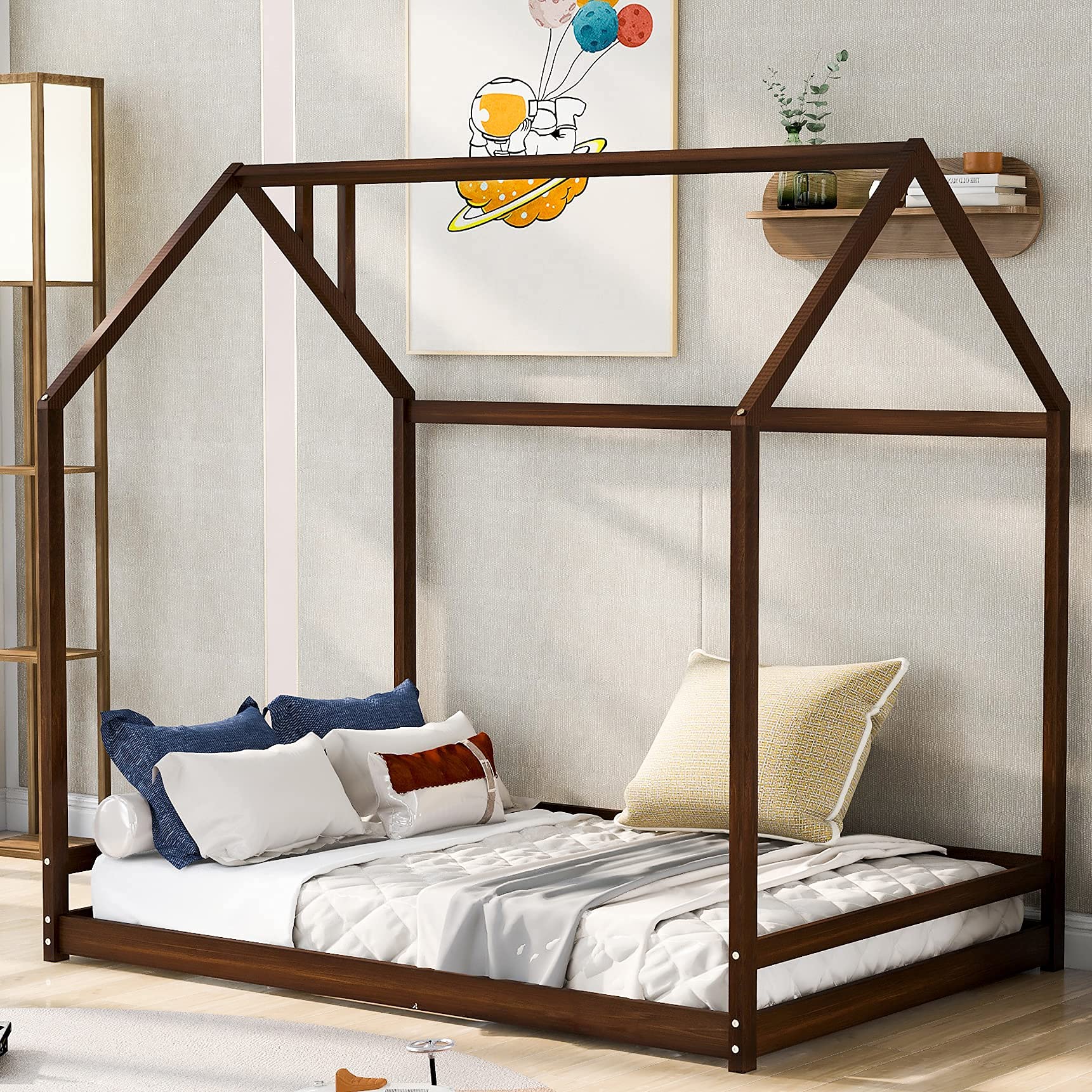 MERITLINE Full Size House Bed Frame with Roof - No Box Spring Needed - Perfect for Kids' Bedrooms, Playrooms & Cozy Reading Nooks