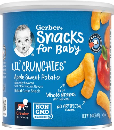 Organic Gerber Baby Snacks - Lil Crunchies Apple Sweet Potato Flavor, 1.48oz Pack (24 Packs) | Healthy Toddler Finger Food for On-the-Go, Daycare & Travel Snacking