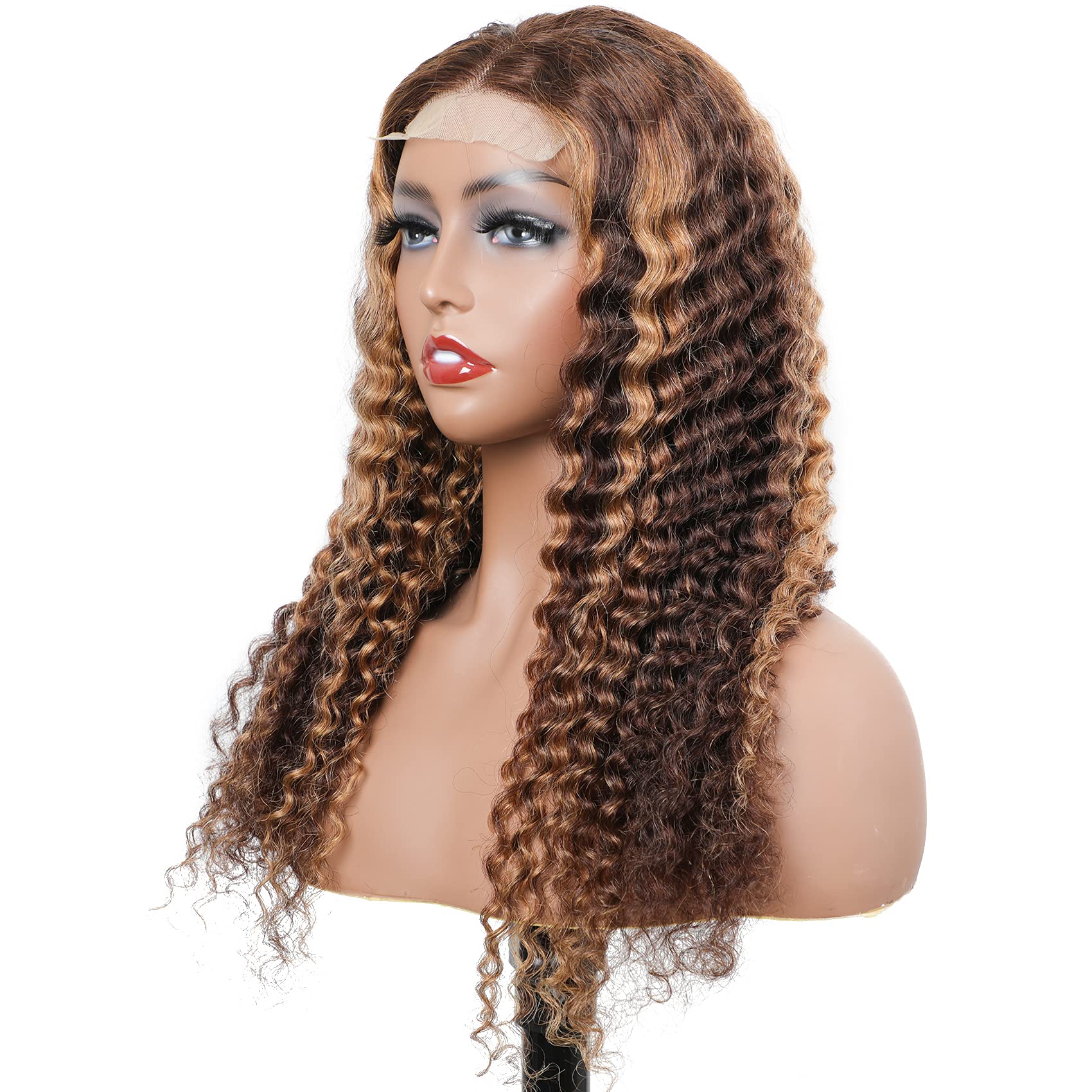 BLY Highlight Human Hair Lace Front Wigs 30 Inch Deep Wave #4/27 Ombre - Glueless Pre-Plucked 4x4 Transparent Lace Wig with 180% Density - Honey Blonde Curly Water Wave for Daily Wear, Parties & Special Occasions