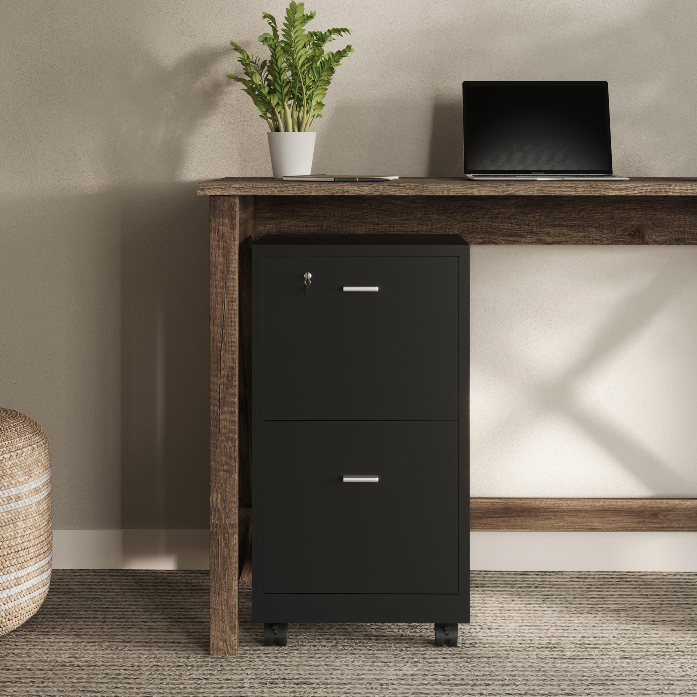 Lavish Home 2-Drawer File Cabinet with Lock - Deep Storage Rolling Filing Cabinet for Under Desk, Home & Office Use - Black - Perfect for Organizing Documents, Bills, and Office Supplies in Small Spaces