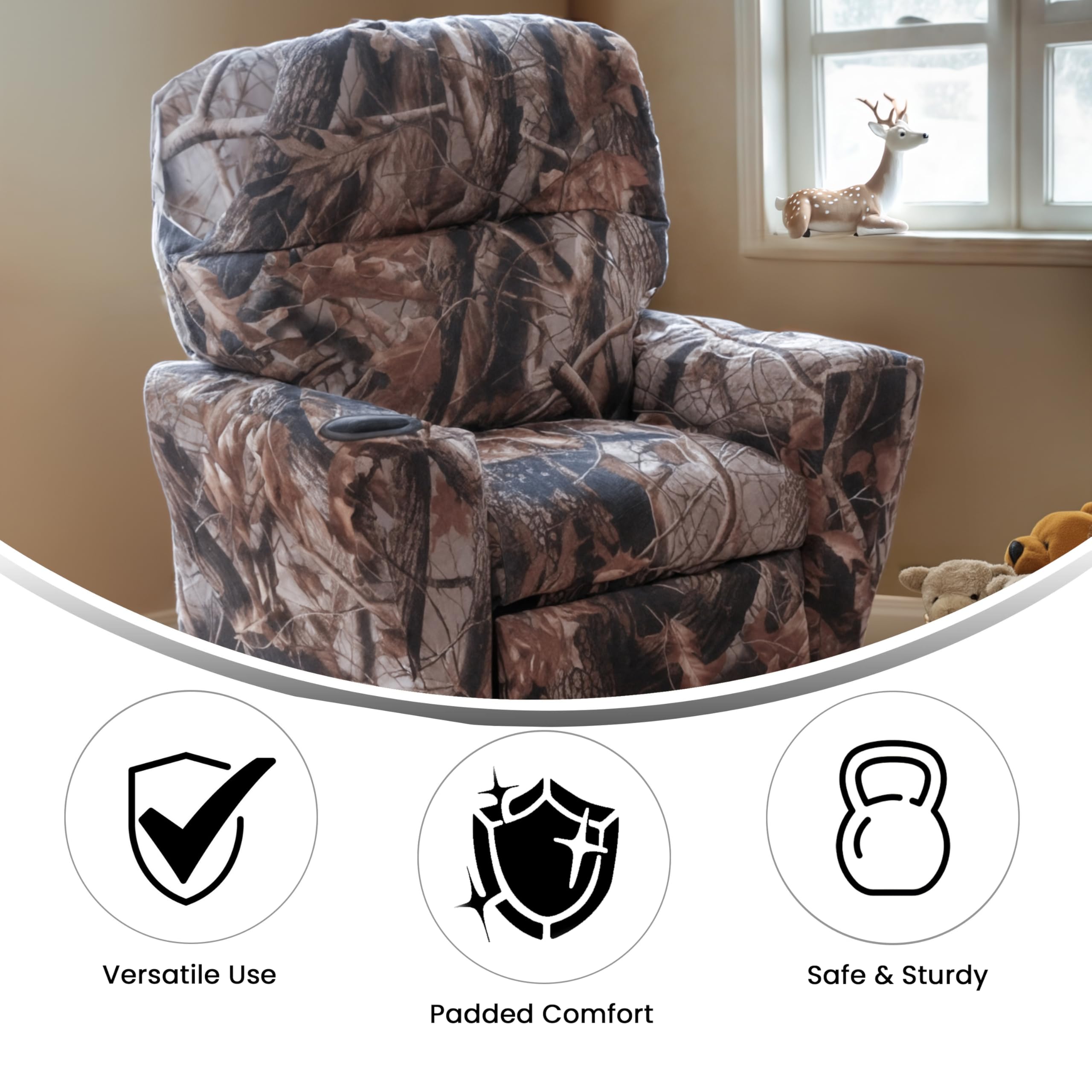 Flash Furniture Chandler Vinyl Kids Recliner with Cup Holder & Safety Recline - Contemporary Reclining Chair for Children (Supports 90 lbs) - Camouflage Design - Perfect for Playrooms, Bedrooms & Movie Nights