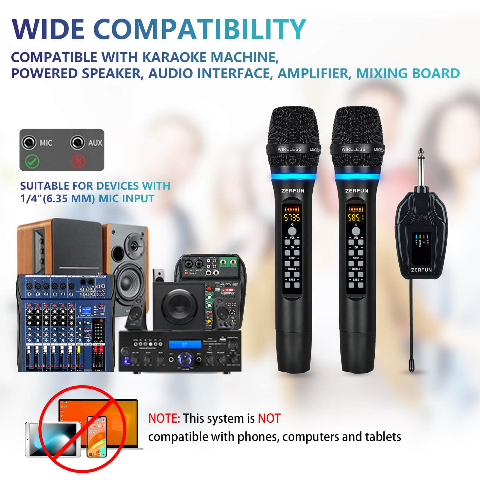 Professional UHF Dual Wireless Microphone System - Rechargeable Cordless Mic with VOL, Channel, Echo, Treble & Bass Control, 1/4