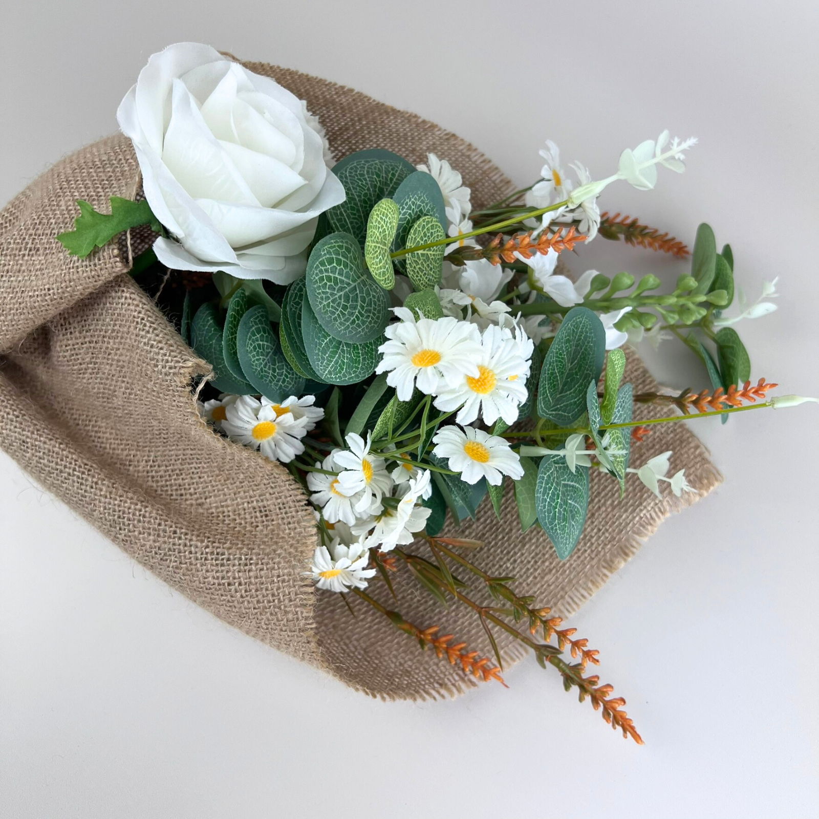50cm Daisy & Eucalyptus Hessian Bouquet - Rustic Wedding Centerpiece, Home Decor, Farmhouse Table Arrangement