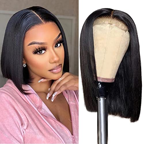 13x4 Straight Lace Front Bob Wig | 180% Density Brazilian Virgin Human Hair | Pre-Plucked with Baby Hair | Natural Color (12 Inch) | Perfect for Black Women | Great for Daily Wear, Cosplay & Special Occasions