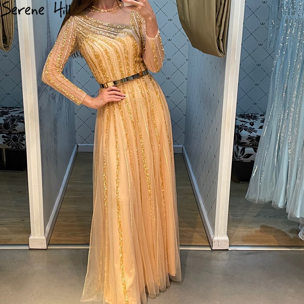 Luxury Muslim Gold A-Line Evening Dresses for Women 2025 - Beaded Sash Gowns for Parties, Weddings & Special Occasions - Serene Hill Collection LA71458