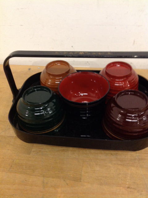 12-Piece Black Lacquer Caddy with 5 Bowls - Perfect for Dining, Entertaining & Home Decor | Elegant Serving Set for Parties, Restaurants & Gifts