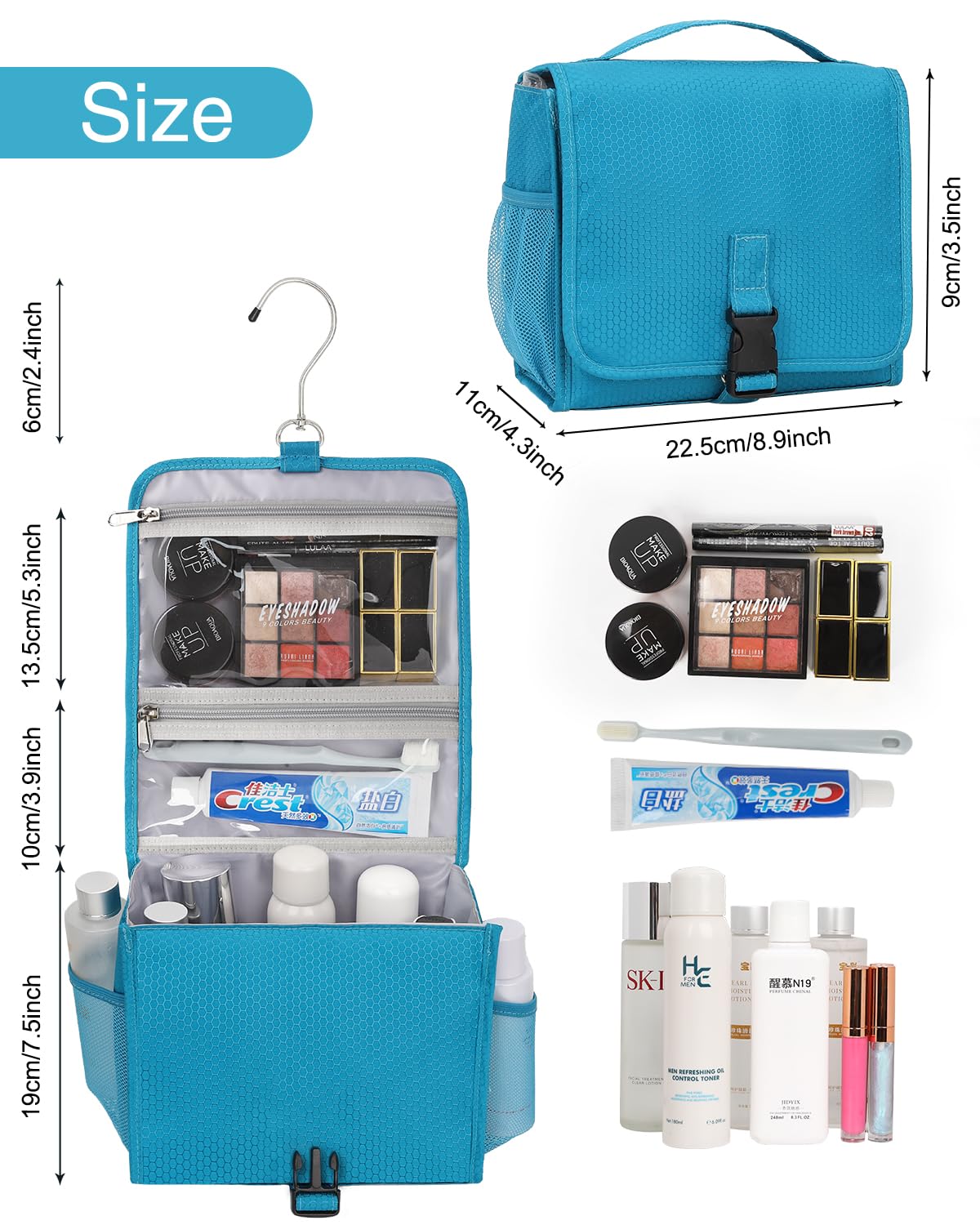 Relavel Waterproof Hanging Toiletry Bag for Travel - Compact Makeup Organizer with Multiple Compartments for Women & Men - Perfect for Gym, Shower, Camping & Vacation (Blue)