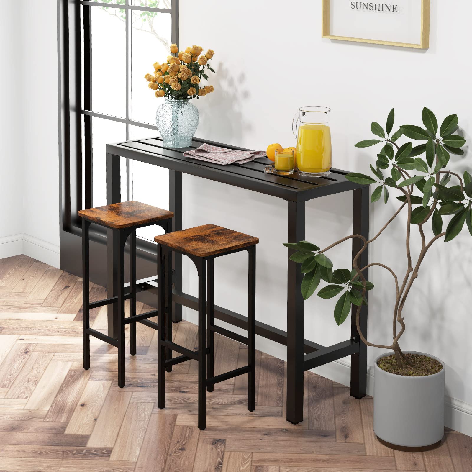 COSTWAY 48-inch Outdoor Bar Table - Narrow Counter Height Dining Table with Waterproof Top & Heavy-Duty Metal Frame - Black Rectangular Pub Table for Hot Tub, Garden, Patio, Backyard & Poolside - Perfect for Outdoor Entertaining & Relaxation