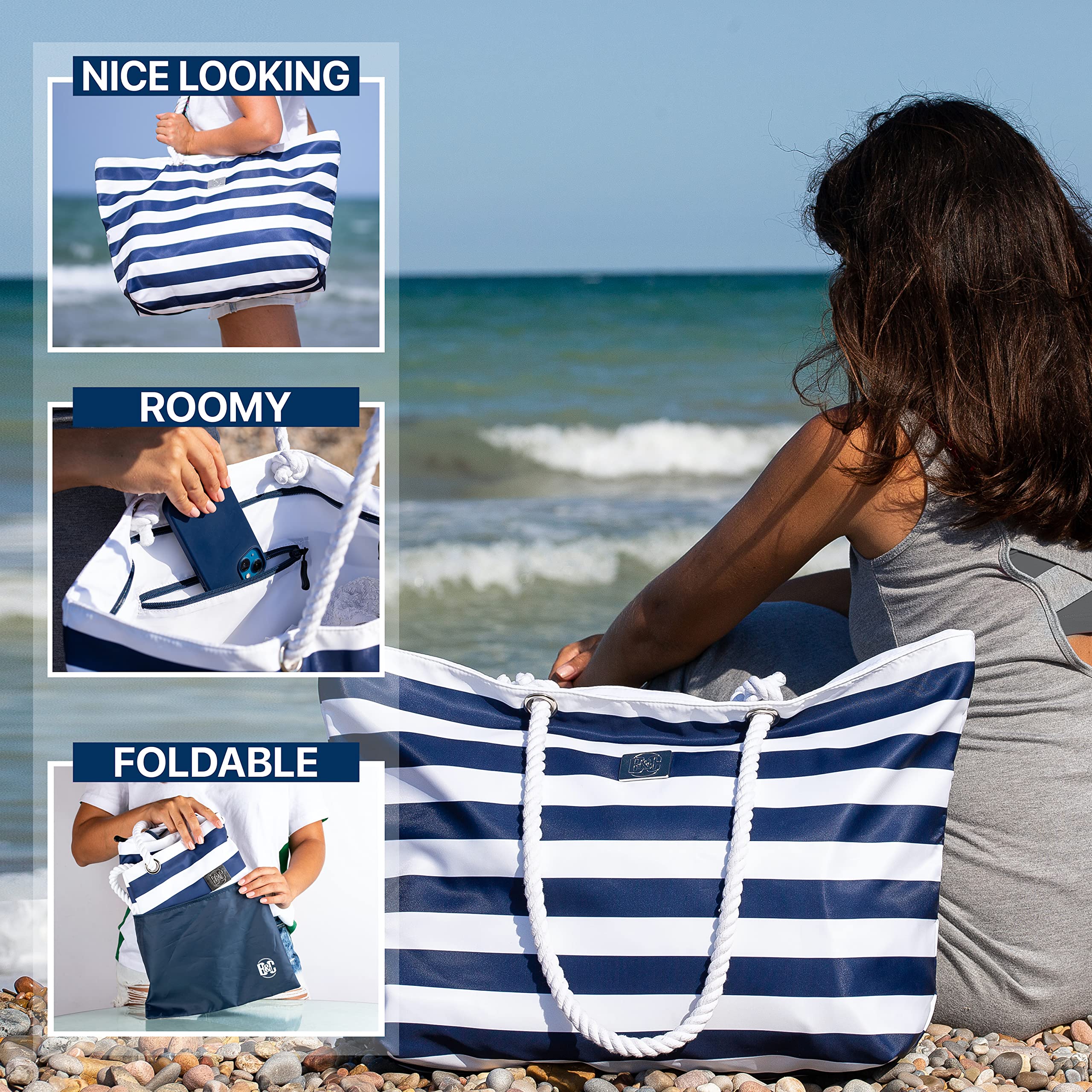 Large Waterproof Beach Tote Bag with Zipper & Pockets - for Travel & Pool Days