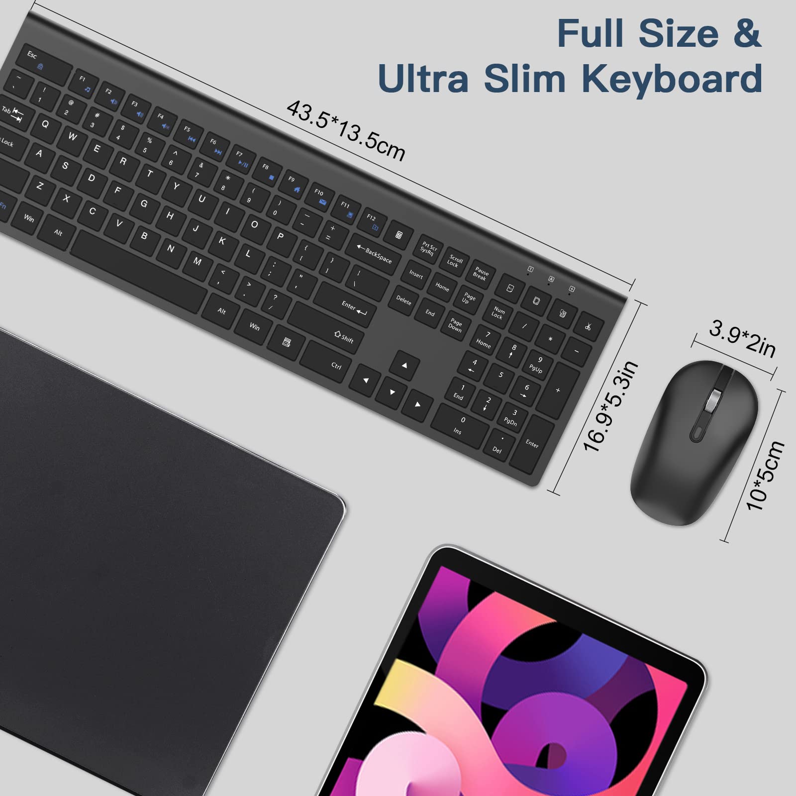 Cimetech Wireless Keyboard and Mouse Combo - 2.4G USB Full-Size Ergonomic Wireless Keyboard with Adjustable Mouse for PC, Laptop, Mac, Windows (Black) - Perfect for Office Work, Gaming & Home Computing