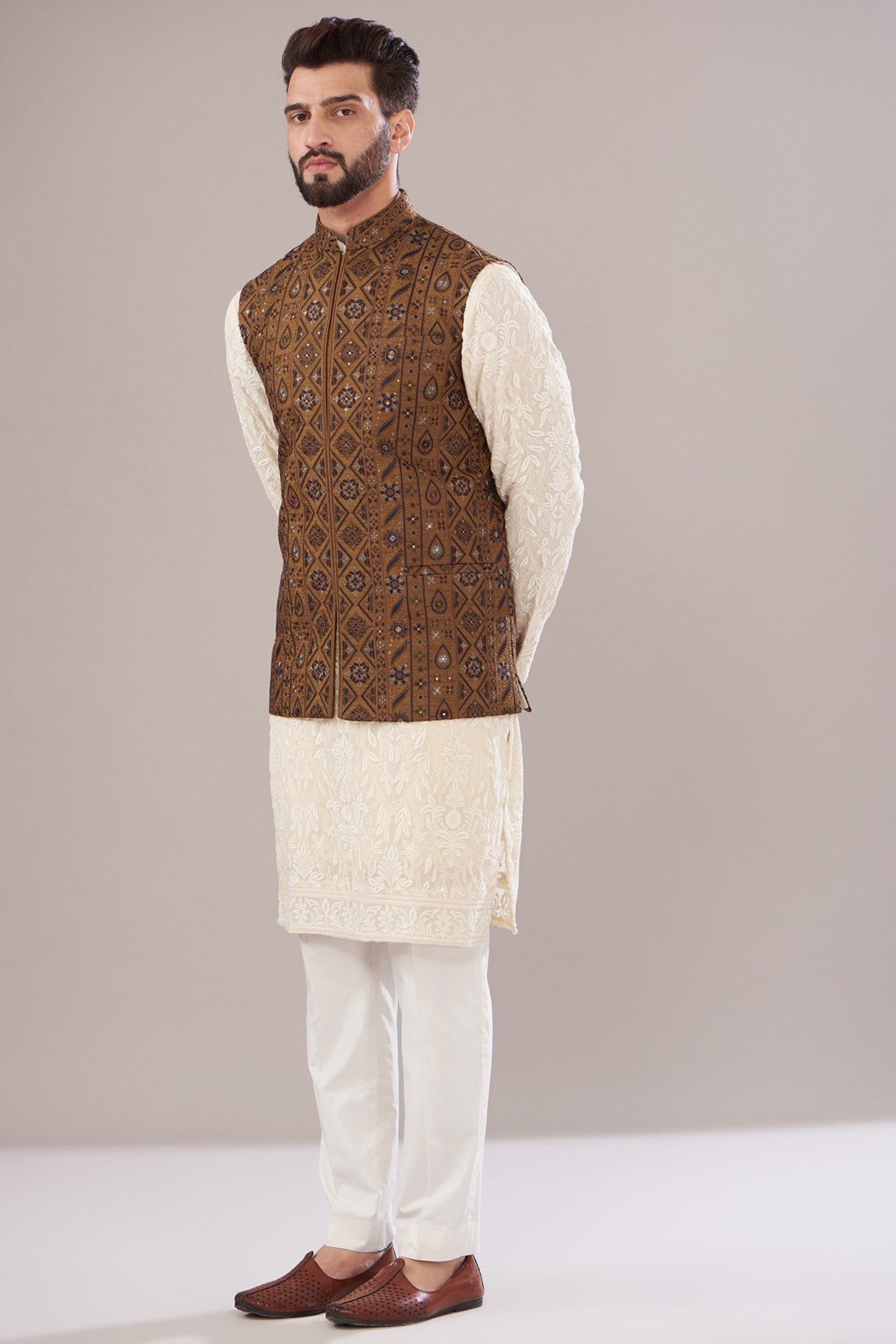 Mustard Yellow Silk Embroidered Nehru Jacket for Men - Elegant Indian Wedding Attire & Formal Occasions