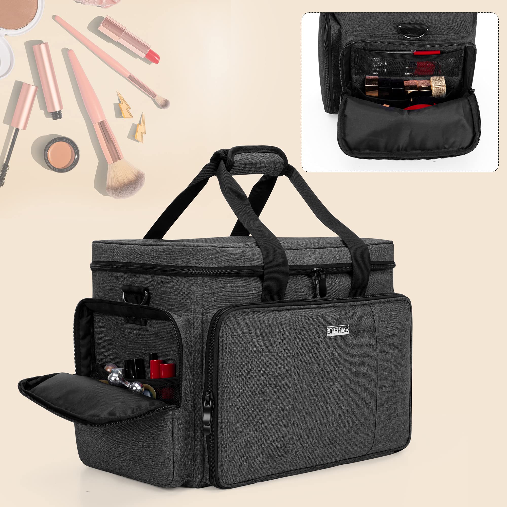 BAFASO Large Makeup Bag with Removable Dividers - Waterproof Cosmetic Organizer for Travel, Holds Brushes & Skincare - Perfect for Vacation, Gym & Daily Use (Black)