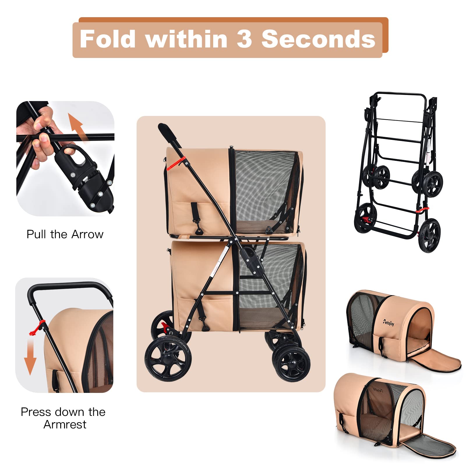 Foldable Double Dog Stroller for 2 Small/Medium Pets - Detachable Carrier Wheels, Jogger Stroller Crate for Car Seat - Perfect for Walking, Camping & Travel (Beige) | Ideal for Vet Visits, Park Outings & Shopping Trips