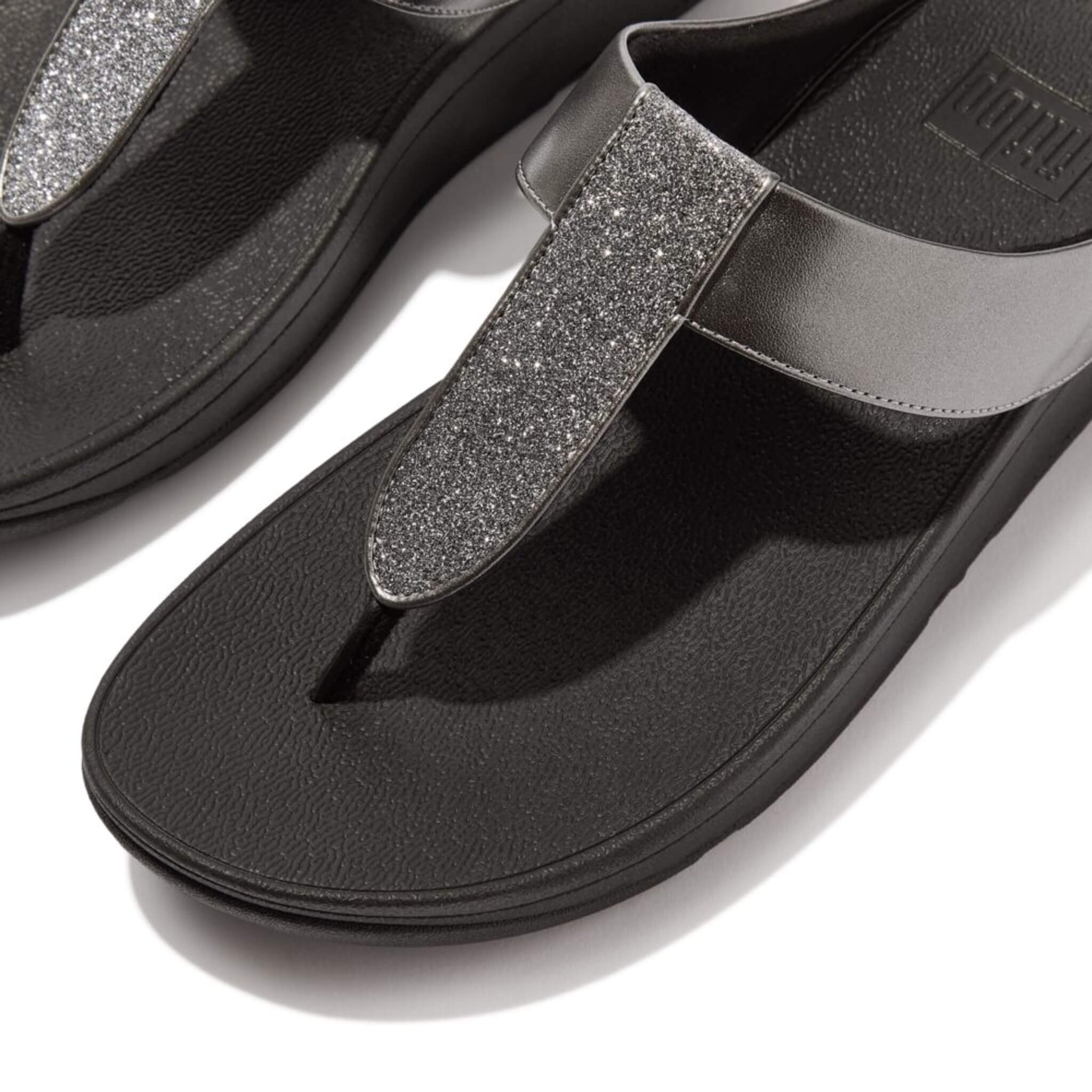 FitFlop Fino Glitterdust Metallic Sandals for Women - Pewter Shimmer Summer Beach Slides with Arch Support | Comfortable Walking Shoes for Vacation, Poolside & Casual Outings