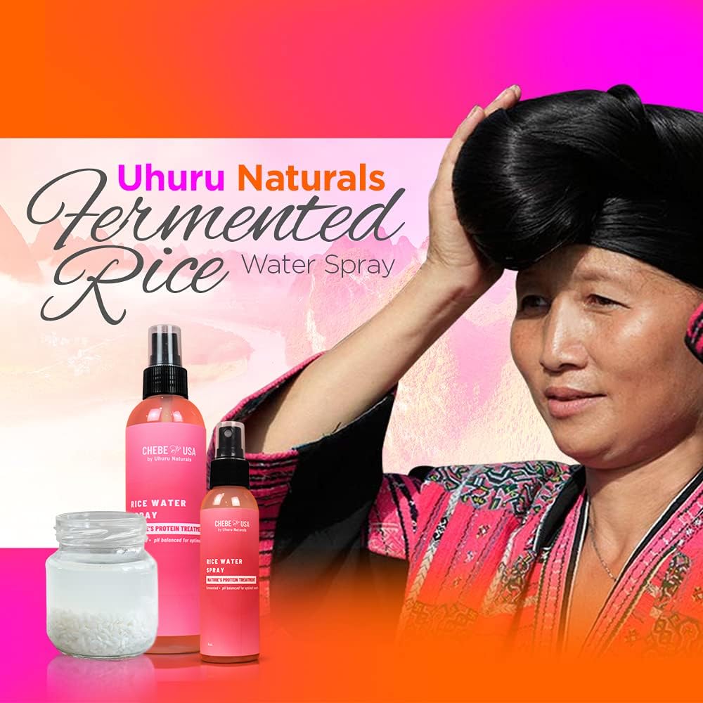 Uhuru Naturals Rice Water Spray - Natural Protein Treatment for Hair (4 oz) | pH Balanced & Fermented for Maximum Benefits | Revitalizes Dry, Damaged Hair - Perfect for Daily Use & Salon Treatments