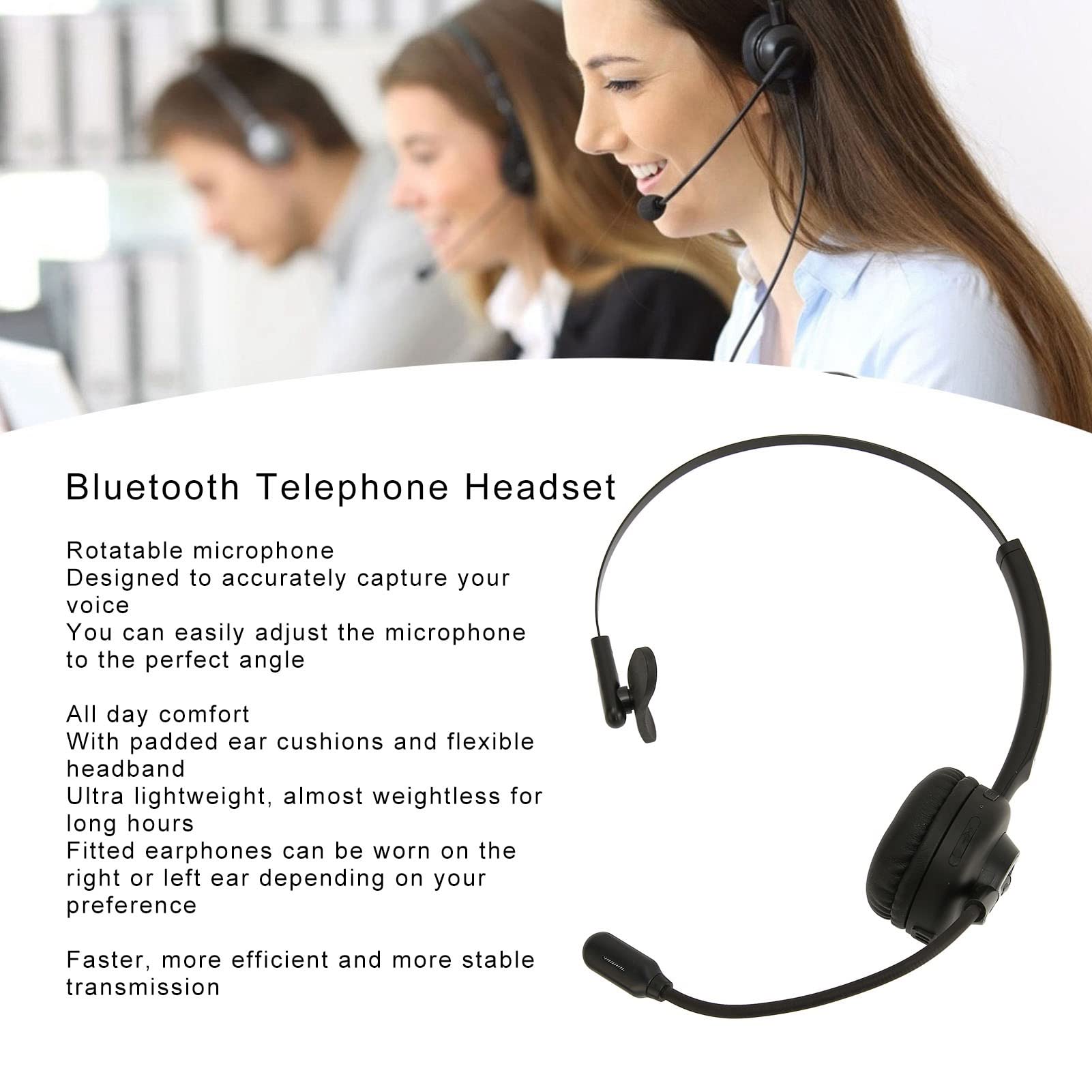 Single Ear 5.0 Bluetooth Headset with Microphone & Charging Base - Noise Canceling On-Ear Headphones for Cell Phone, PC, Call Center & Office - Perfect for Remote Work, Customer Service & Long Business Calls