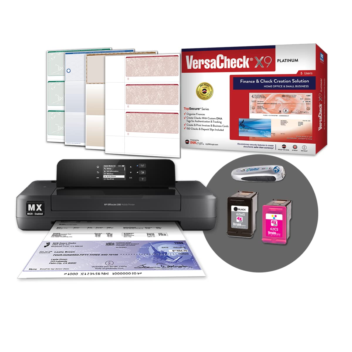 VersaCheck HP Officejet 200 MXE Portable Wireless MICR Printer with X9 Platinum 5-User Printing Software Bundle - Ideal for Small Business Checks, Invoices & Mobile Banking