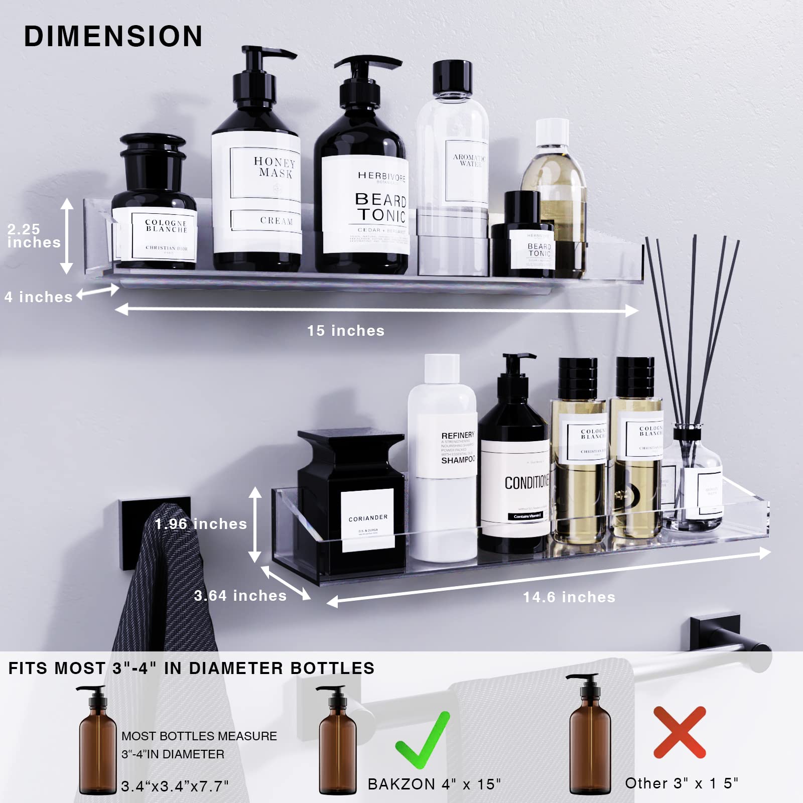 2 Pack Acrylic Shower Caddy Shelves - Self Adhesive Bathroom Storage Organizer for Shampoo, Soap & Toiletries - Waterproof Wall Mounted Shower Shelf for Home, Apartment & Dorm Organization (Perfect for Small Bathrooms & Space Saving)