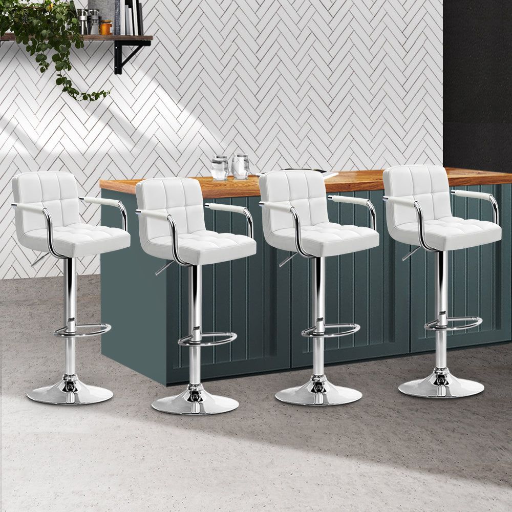 4 Bar Stools with Leather Upholstery, Gas Lift Mechanism & Armrests in White - Perfect for Kitchen Island, Dining Room & Home Bar