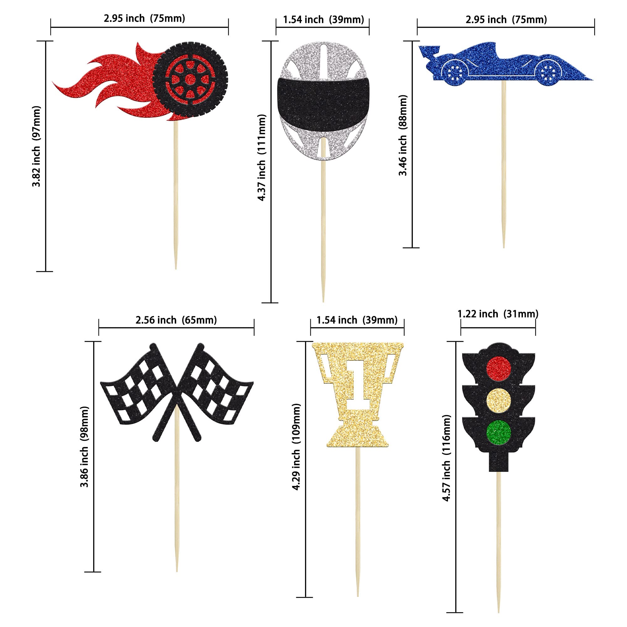24Pcs Race Car Cupcake Toppers - Glitter Traffic Light, Wheel, Trophy & Flag Decorations for Racing Themed Birthday Parties, Baby Showers & Sports Events - Perfect for Cake Decorating & Dessert Displays