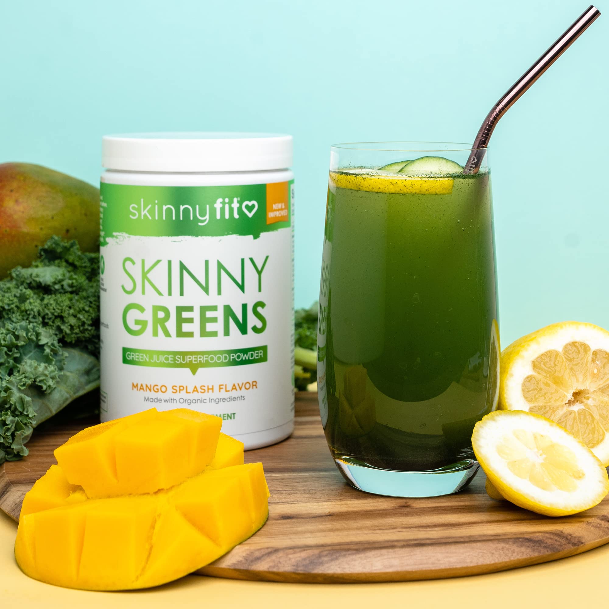 SkinnyFit Mango Splash Skinny Greens Superfood Powder - Natural Energy & Focus Booster with Spirulina & Chlorella, Reduces Bloating, 30 Servings - Perfect for Smoothies, Detox & Daily Wellness Routine
