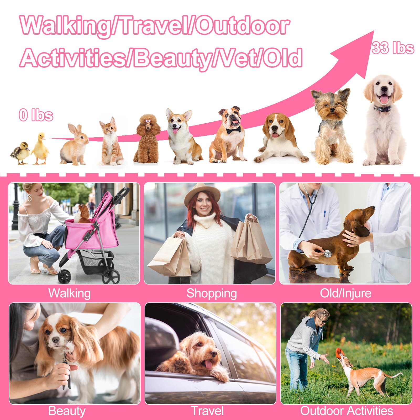 Premium 3-Wheel Pink Pet Stroller for Small Dogs & Cats - Lightweight Folding Design with Storage Basket & Cup Holder - Perfect for Jogging, Shopping & Outdoor Adventures
