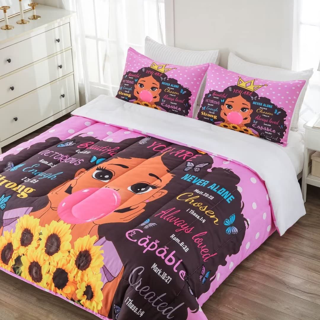 Black Girl Magic Comforter Set Queen Size for Kids & Teens - African American Inspirational Bedding with Motivational Quotes | Perfect for Princess Themed Bedrooms & Teen Room Decor