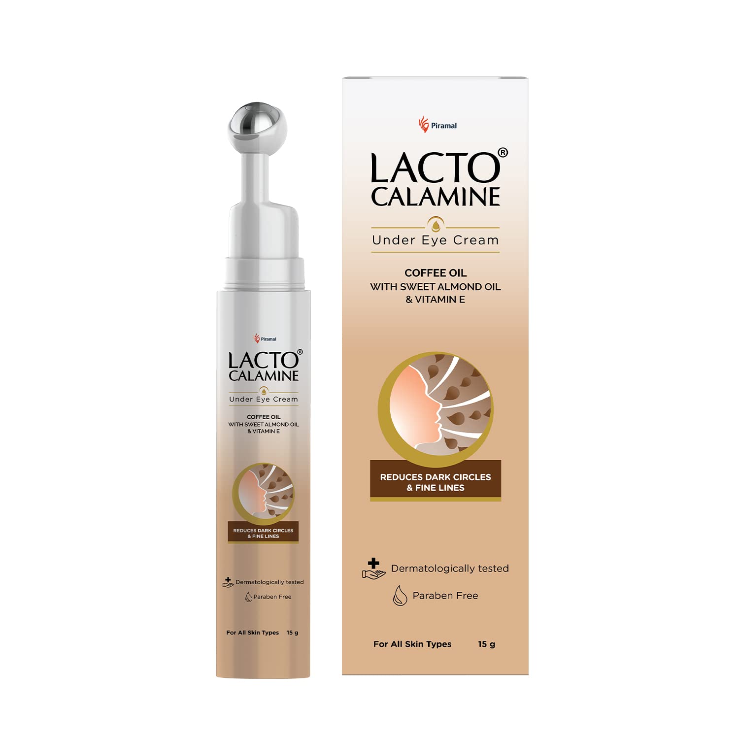 Lacto Calamine Under Eye Cream for Dark Circles – Reduces Puffiness & Fine Lines for Women & Men | Cooling Massage Roller with Coffee Oil, Peptides, Niacinamide & Vitamin E | 15g | Perfect for Morning Routine, Travel & Nighttime Skincare