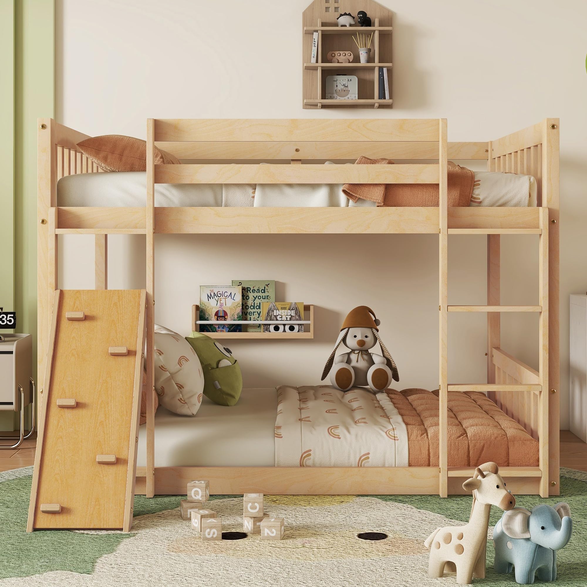 Harper & Bright Designs Twin Over Twin Bunk Bed with Climbing Ramp & Ladder - Safe Playhouse Floor Bunk Bed for Kids with Sturdy Guardrails - Natural Wood Finish - Perfect for Small Bedrooms, Shared Kids' Rooms & Sleepovers