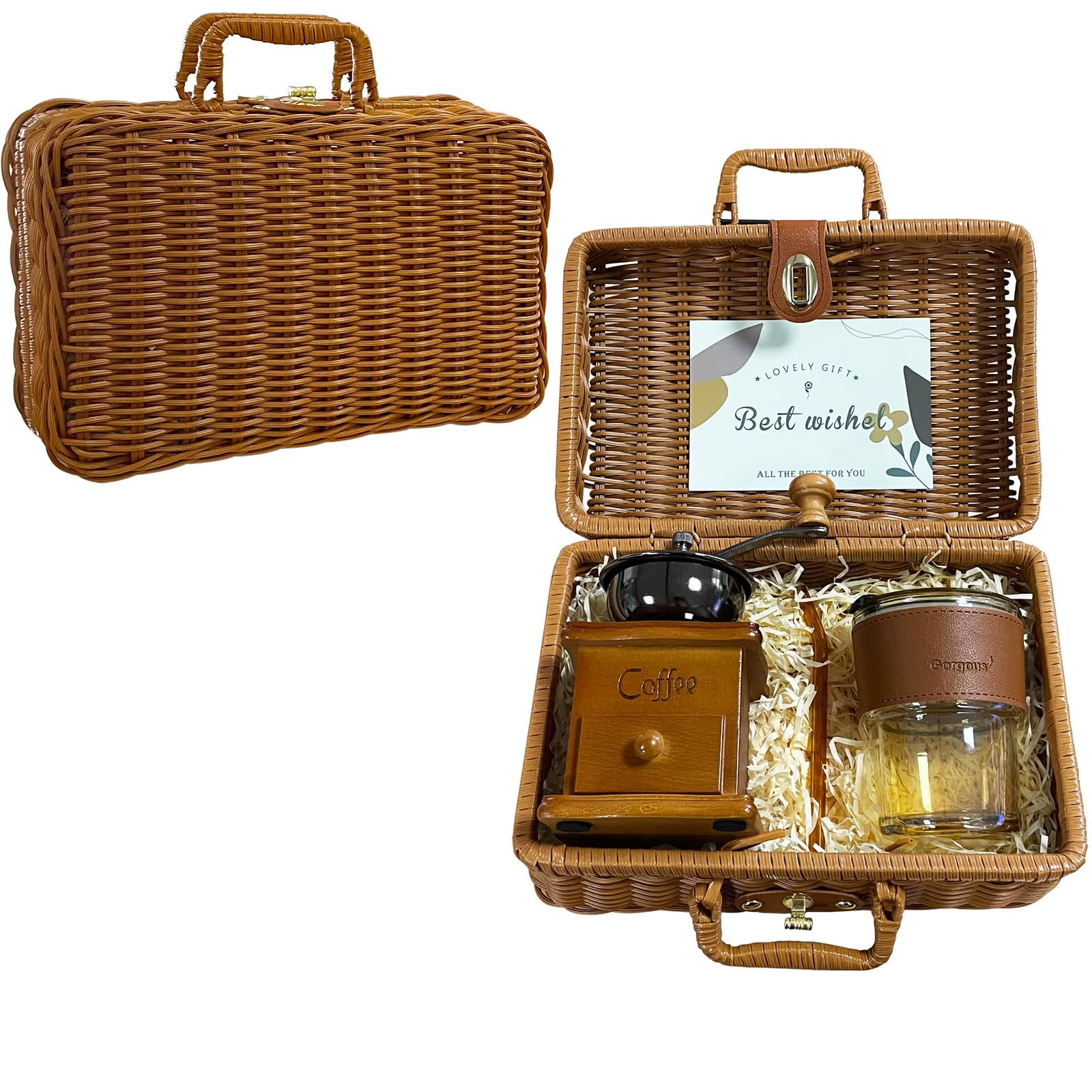 Premium French Coffee Kit - Hand Manual Coffee Grinder & Glass Cups Set, Vintage Antique Style, Perfect Christmas Gift for Coffee Lovers (Brown) - Ideal for Home Brewing, Office Use & Holiday Gifting