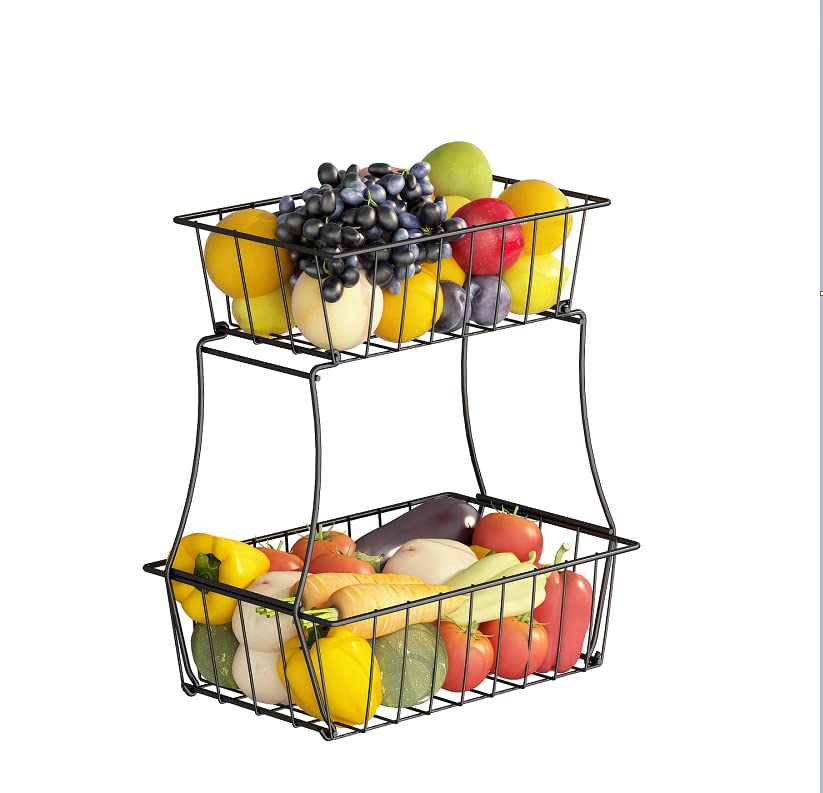 Apsan 2-Tier Metal Wire Fruit Basket for Kitchen Countertop - Detachable Rectangular Storage Organizer for Bread, Vegetables & Fruits - Black Small Size | Perfect for Pantry, Dining Table & Small Space Organization