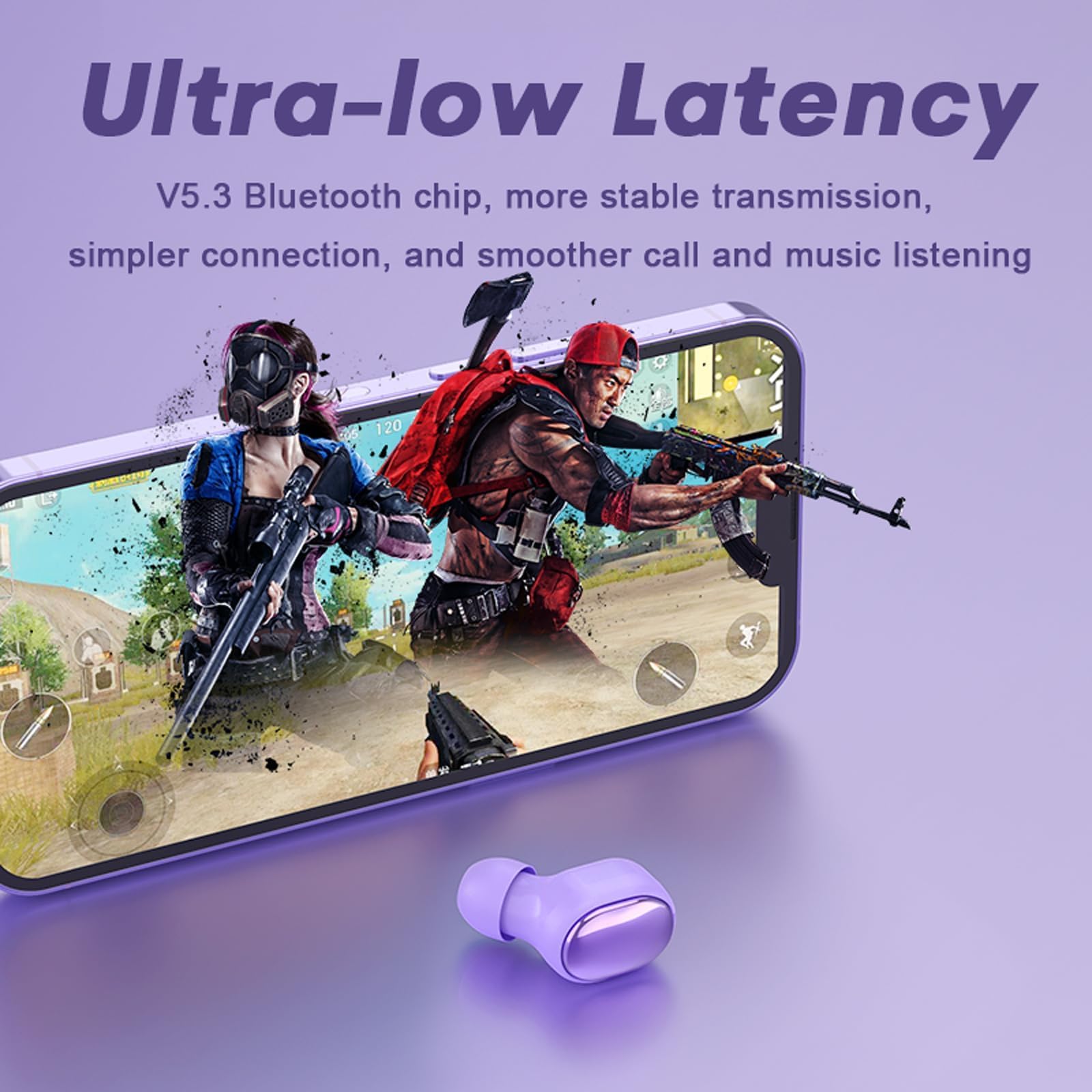 Mini Single Wireless Earbud - 18 Hours Playtime, Purple Invisible Bluetooth Earpiece with Mic for iPhone & Android - Perfect for Driving, Workouts & Hands-Free Calls