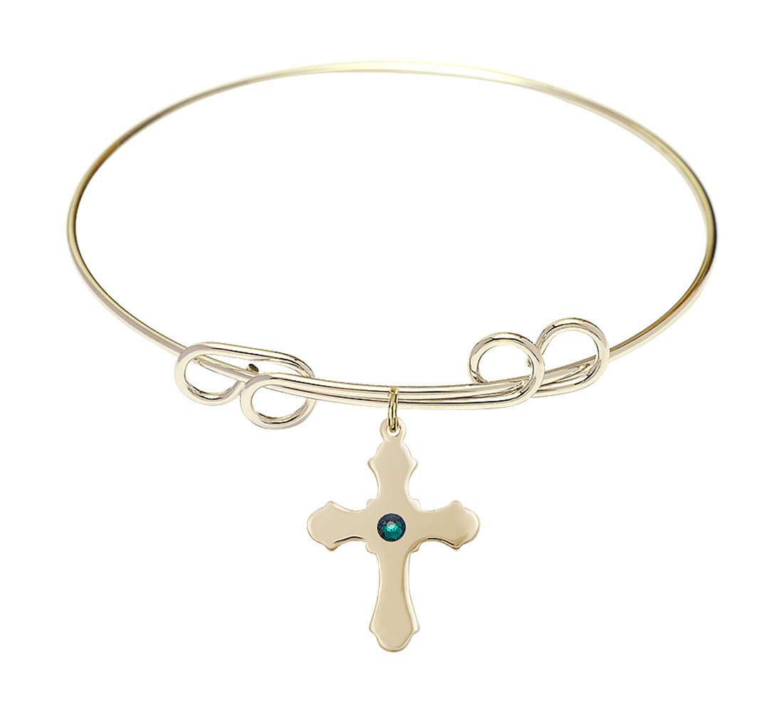 8 Inch Round Double Loop Bangle Bracelet with Cross Medal Charm and May Green Crystal - Elegant Jewelry for Women, Perfect for Church, Weddings & Special Occasions
