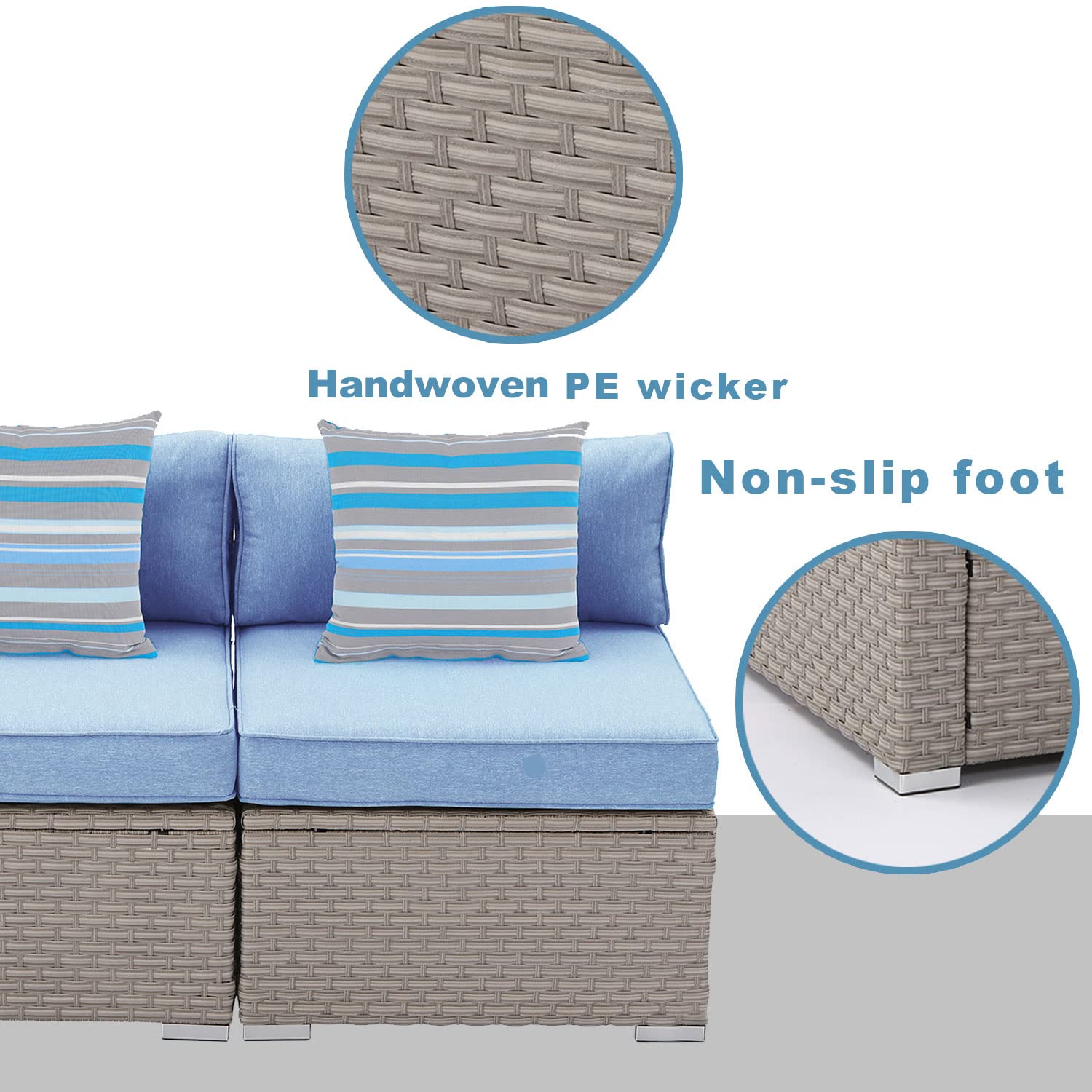 2-Piece Armless Chairs for Wicker Sectional Sofa Set - Denim Blue Thick Cushions & Striped Woven Pillows - Outdoor Patio Furniture for Garden, Pool, Backyard, Deck - Perfect for Relaxing and Entertaining Guests