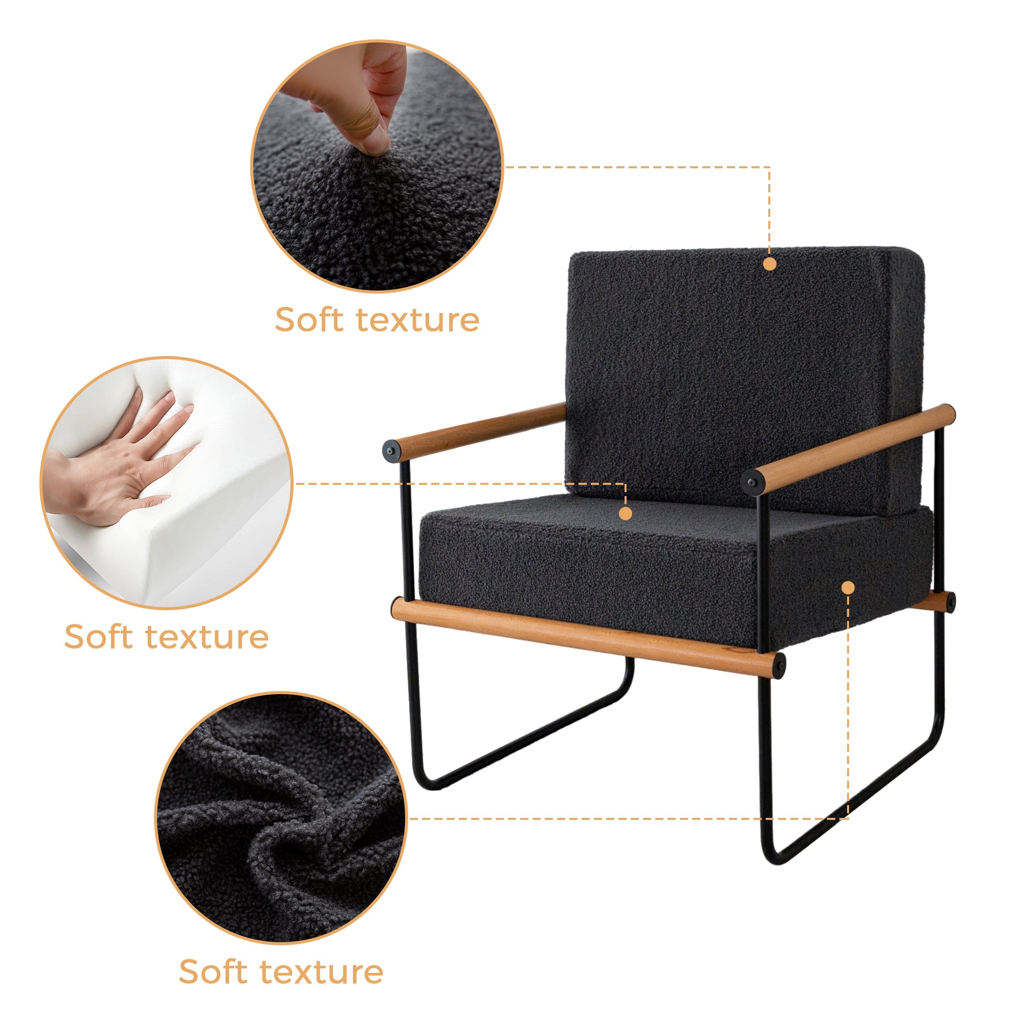 Dark Grey Upholstered Armchair with Metal & Wood Accents - Thick Padded Seat - Modern Accent Chair for Living Room, Bedroom & Office Decor