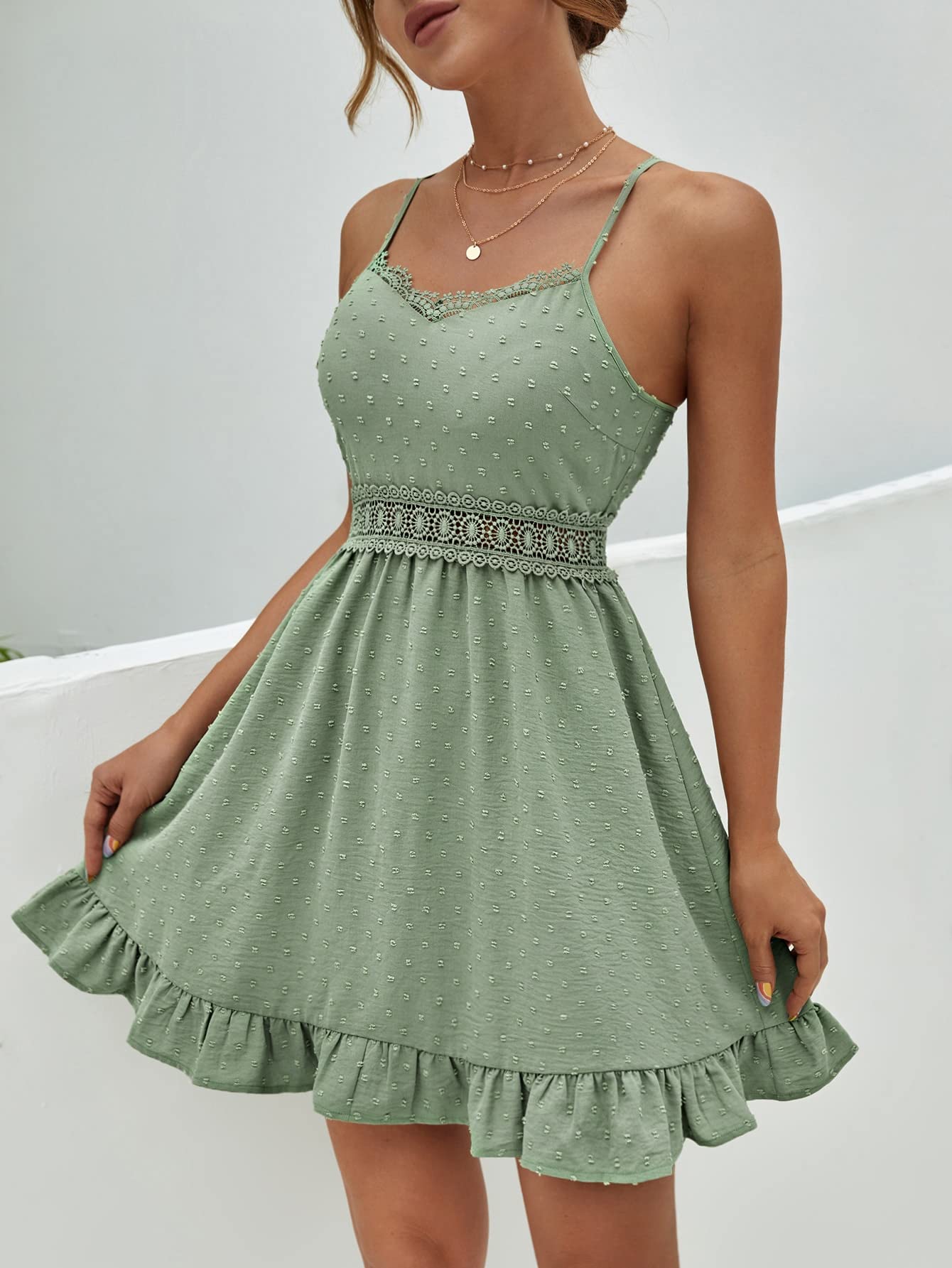 Swiss Dot Guipure Lace Insert Ruffle Hem Cami Dress - Women's Sleeveless Cotton Spaghetti Strap Sundress in Mint Green (Size XS) | Perfect for Beach Vacations, Summer Parties & Casual Outings