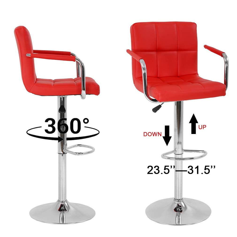 Best Modern Bar Stool Set of 2 - Adjustable Height Swivel Counter Stools with PU Leather & Hydraulic Lift - Perfect for Kitchen Island, Home Bar & Dining Room (Red)