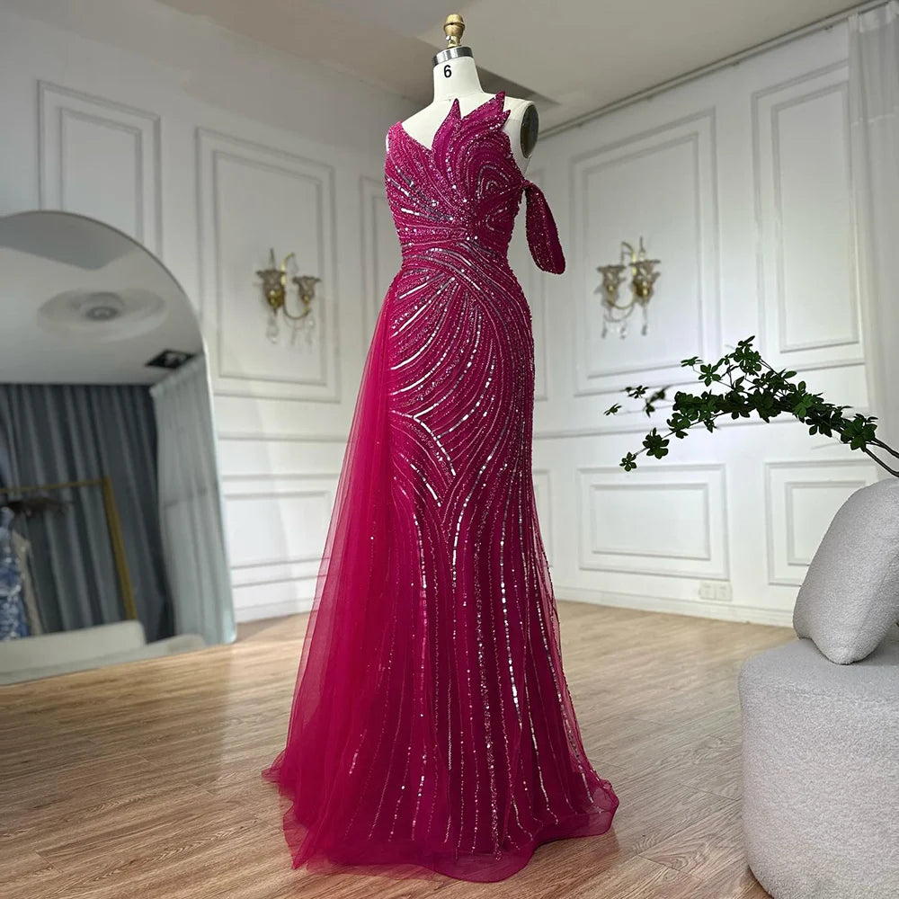 Elegant One Shoulder Beaded Long Evening Dress - Dubai Arabic Pink Mermaid Gown for Prom, Wedding & Formal Occasions | LA72662A